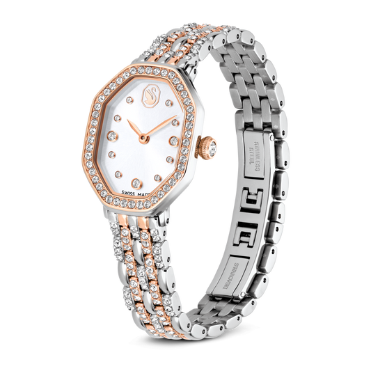 Dextera octagon watch, Swiss Made, Metal bracelet, Silver tone, Rose gold-tone finish