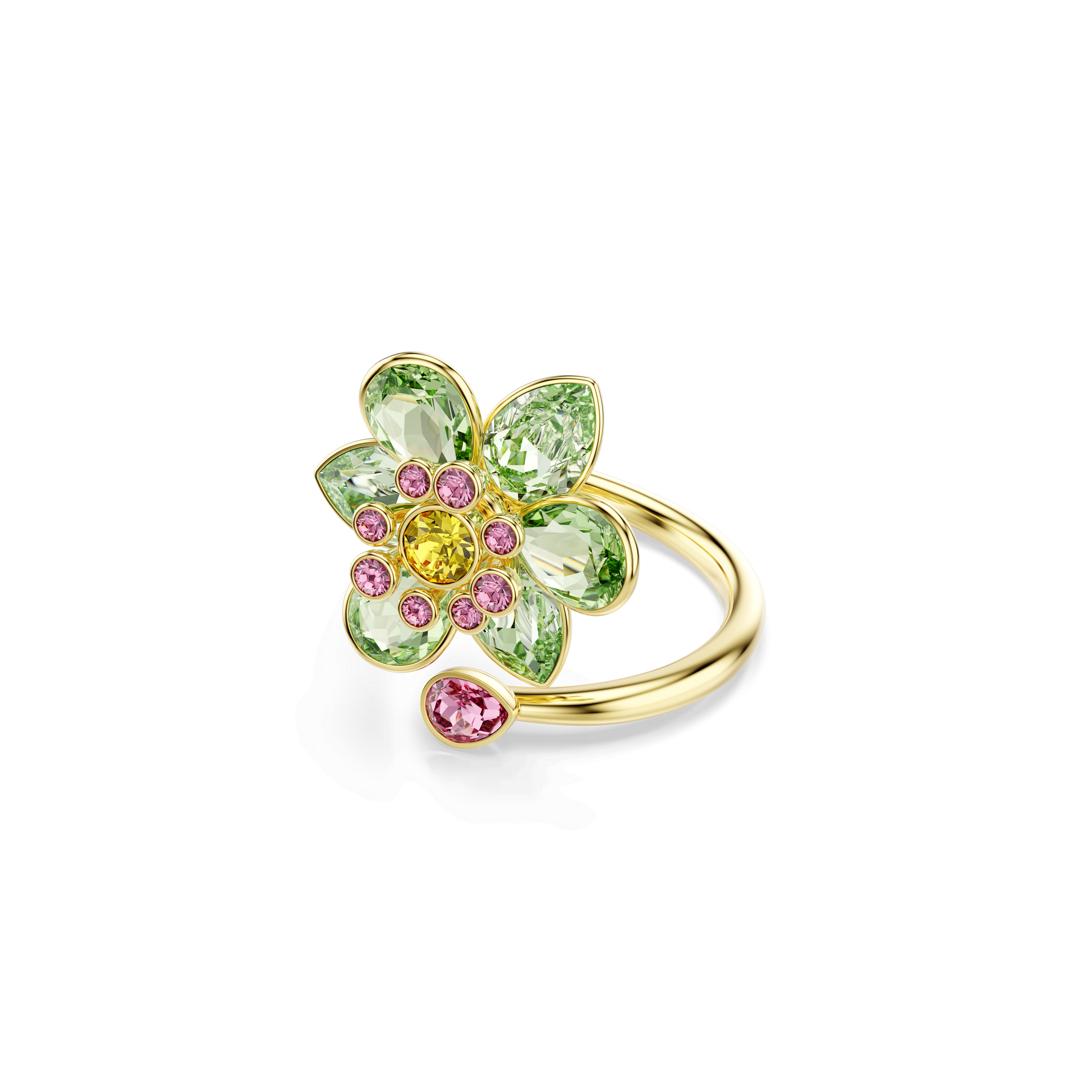 Idyllia open ring, Mixed cuts, Flower, Green, 18K gold finish