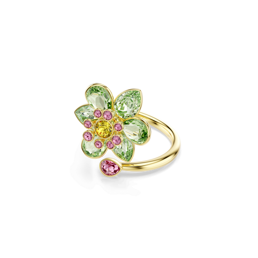 Idyllia open ring, Mixed cuts, Flower, Green, 18K gold finish