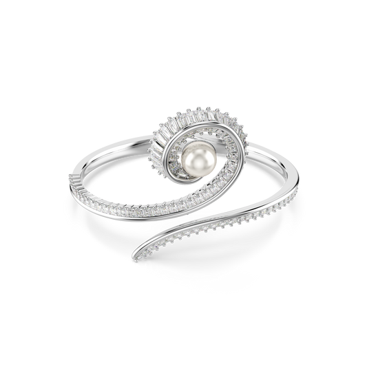 Swarovski Ariana Grande x Swarovski bangle, Crystal pearl, Baguette cut, White, Rhodium plated