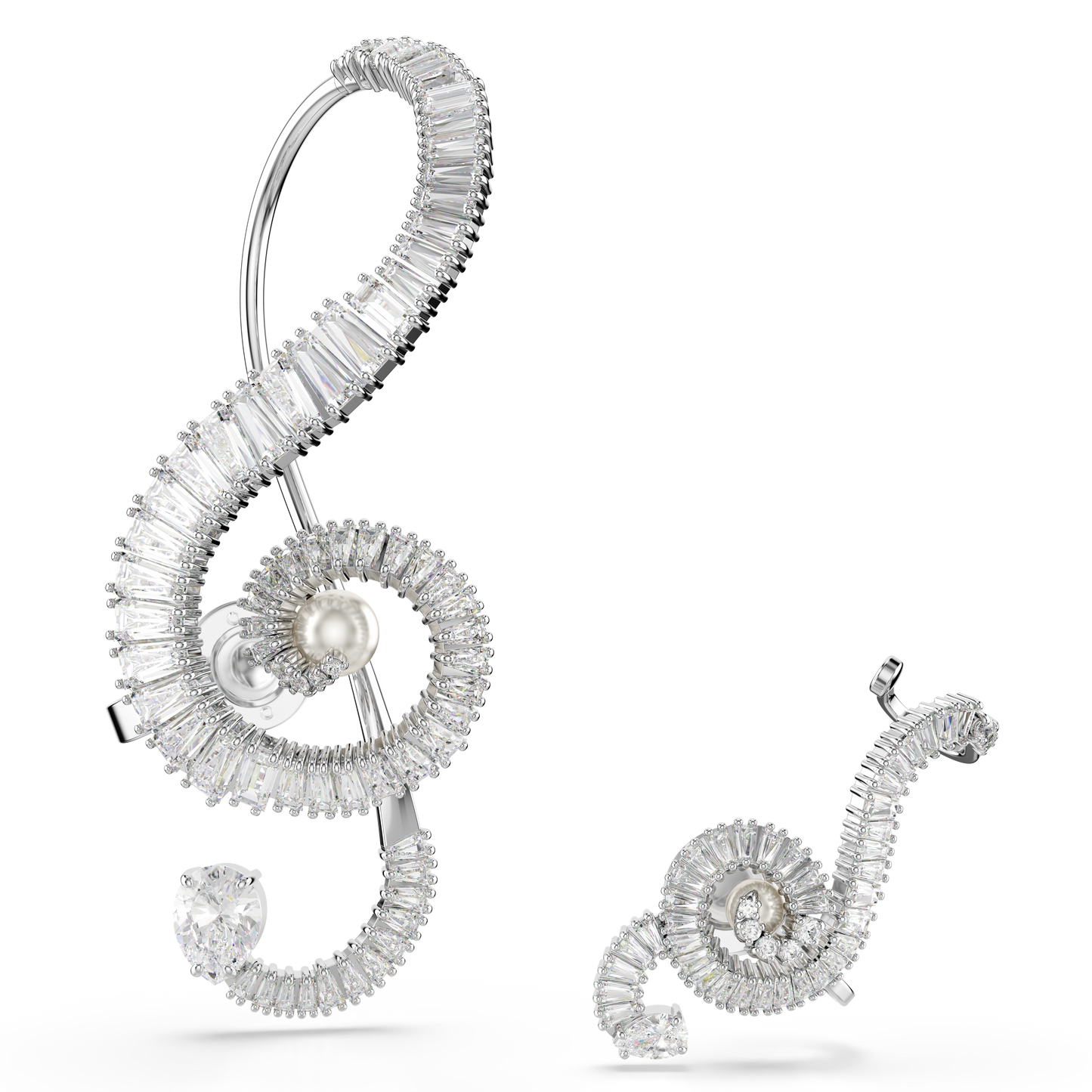 Swarovski Ariana Grande x Swarovski clip earrings, Asymmetrical design, Crystal pearl, Baguette cut, White, Rhodium plated