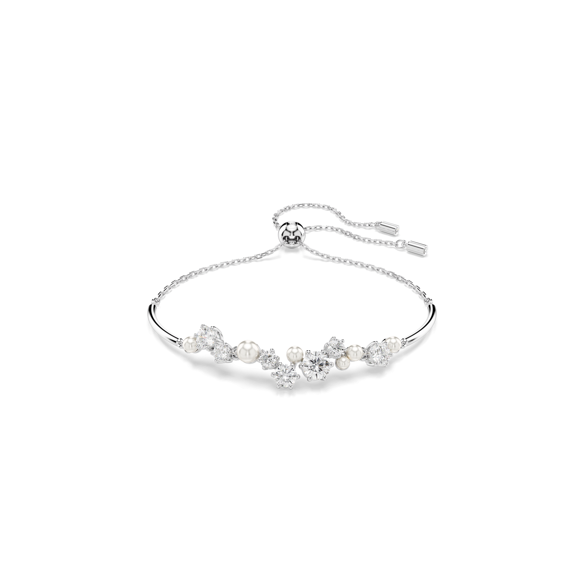 Constella bangle, Crystal pearl, Round cuts, White, Rhodium plated