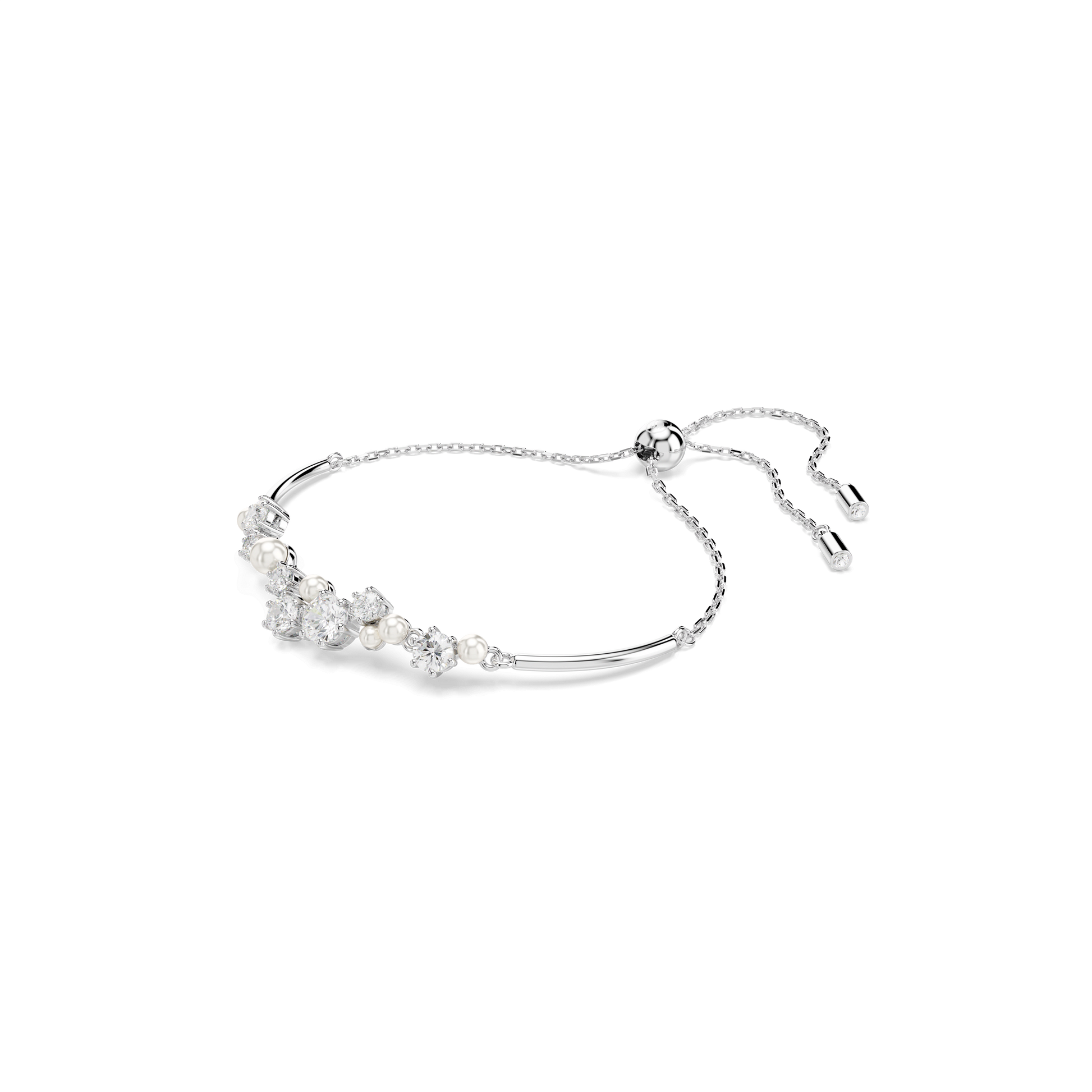 Constella bangle, Crystal pearl, Round cuts, White, Rhodium plated