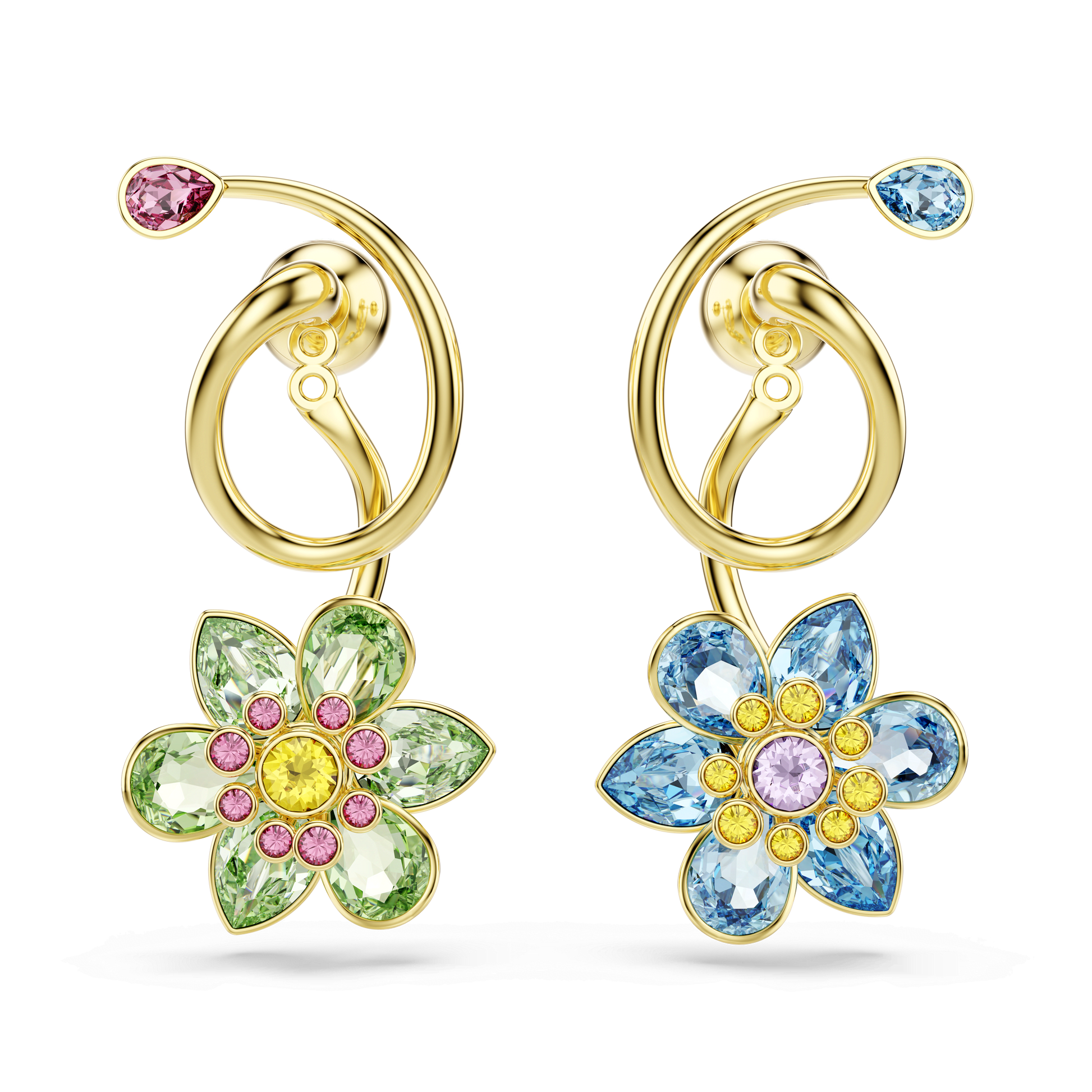 Idyllia drop earrings, Asymmetrical design, Mixed cuts, Flower, 18K gold finish