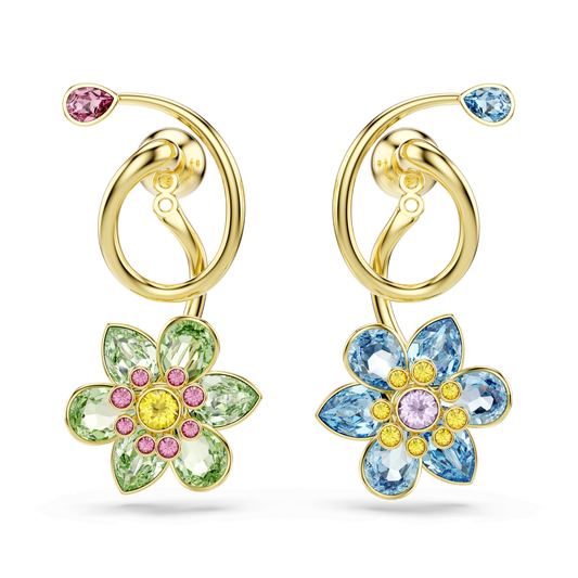 Idyllia drop earrings, Asymmetrical design, Mixed cuts, Flower, 18K gold finish