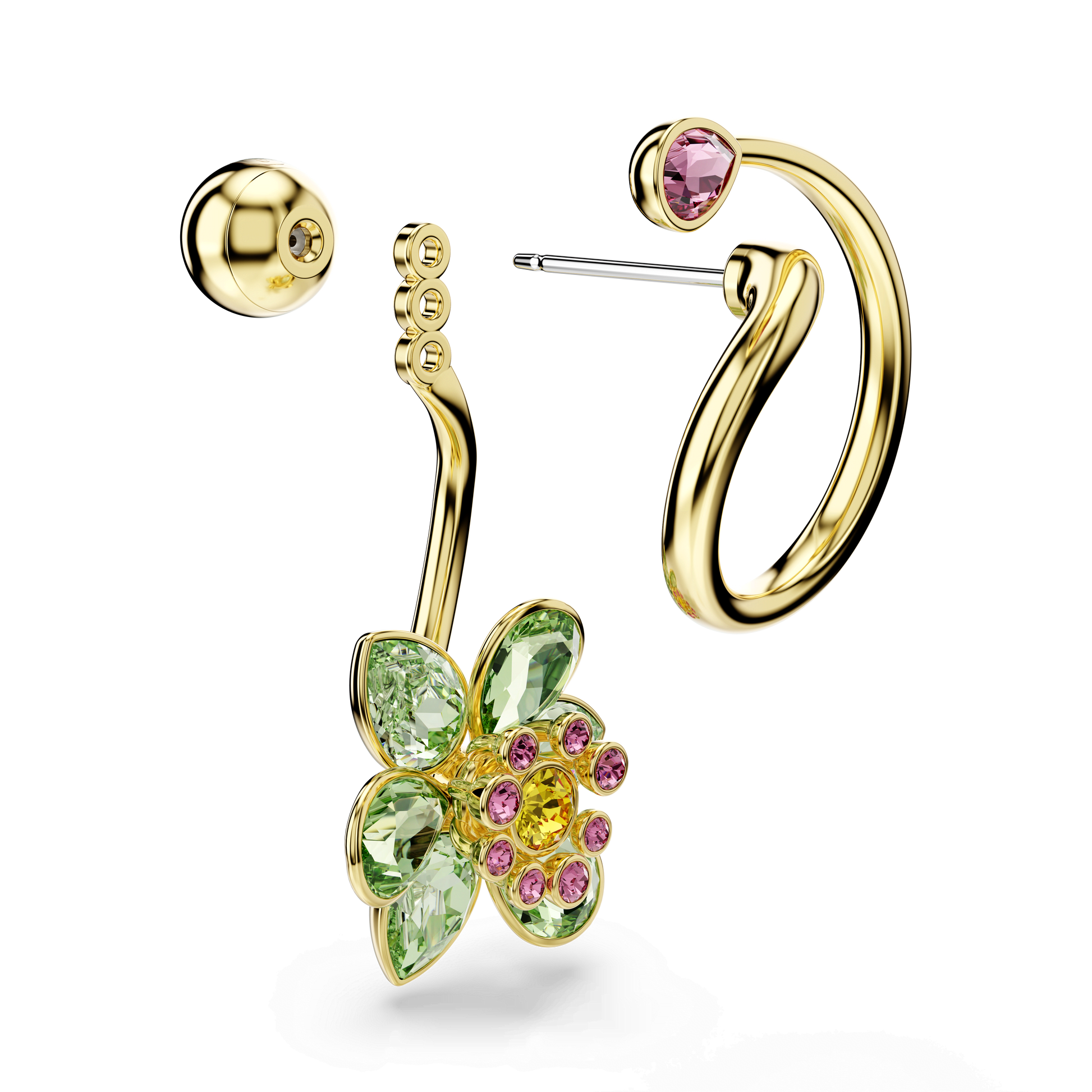 Idyllia drop earrings, Asymmetrical design, Mixed cuts, Flower, 18K gold finish