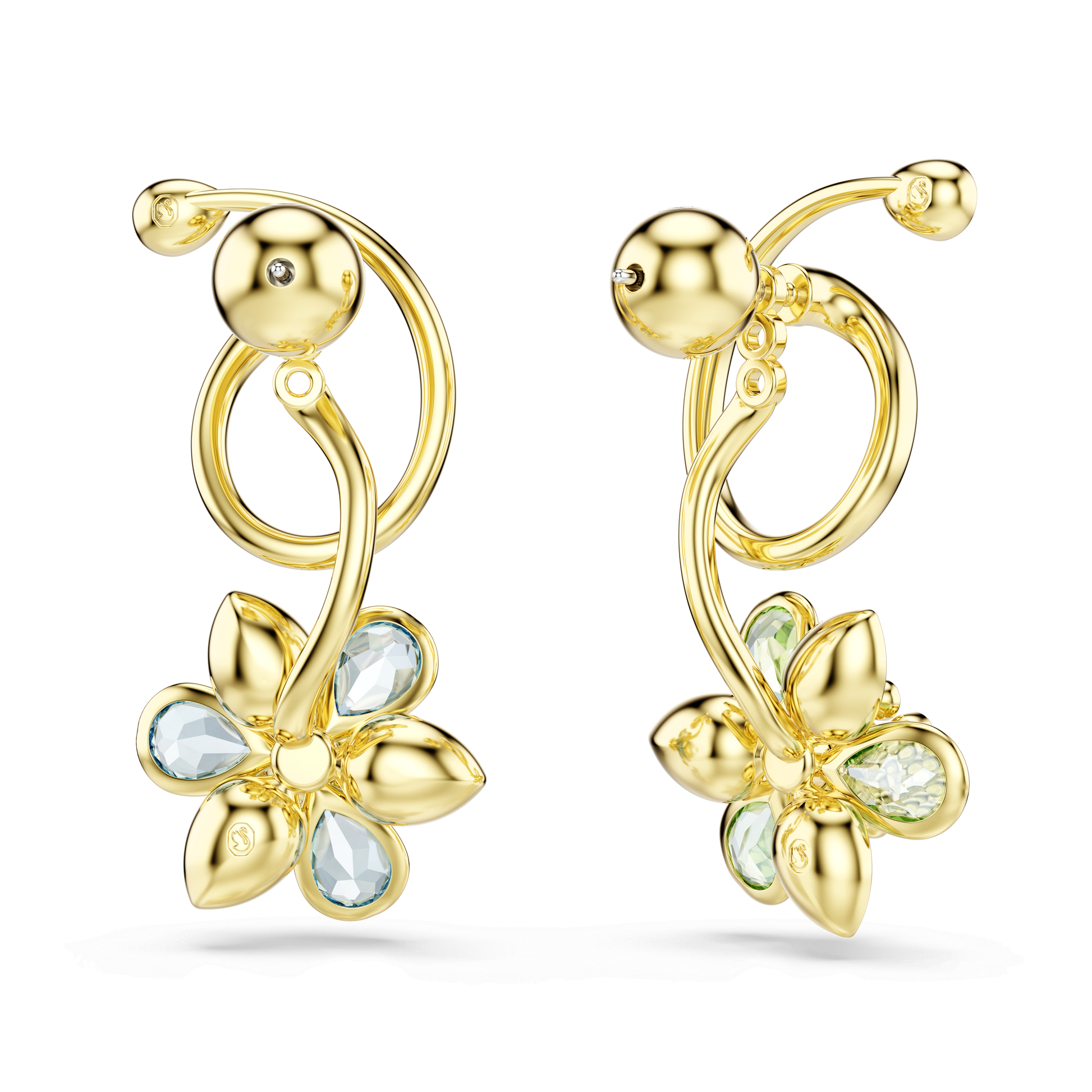 Idyllia drop earrings, Asymmetrical design, Mixed cuts, Flower, 18K gold finish
