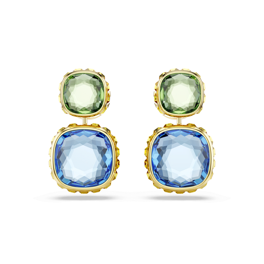 Chroma drop earrings, Cushion cut, Multicolored, 18K gold finish