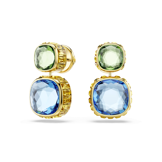 Chroma drop earrings, Cushion cut, Multicolored, 18K gold finish