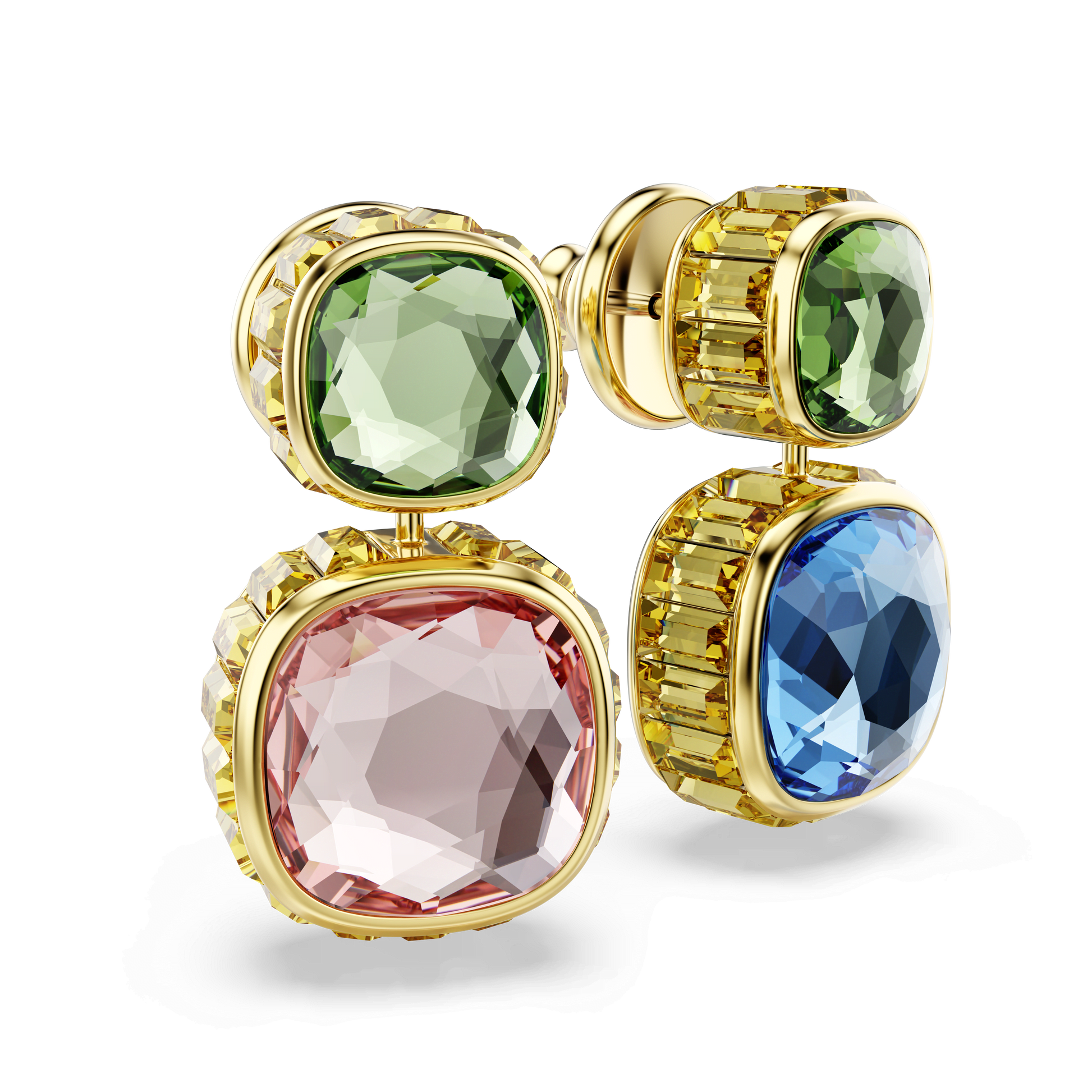 Chroma drop earrings, Cushion cut, Multicolored, 18K gold finish