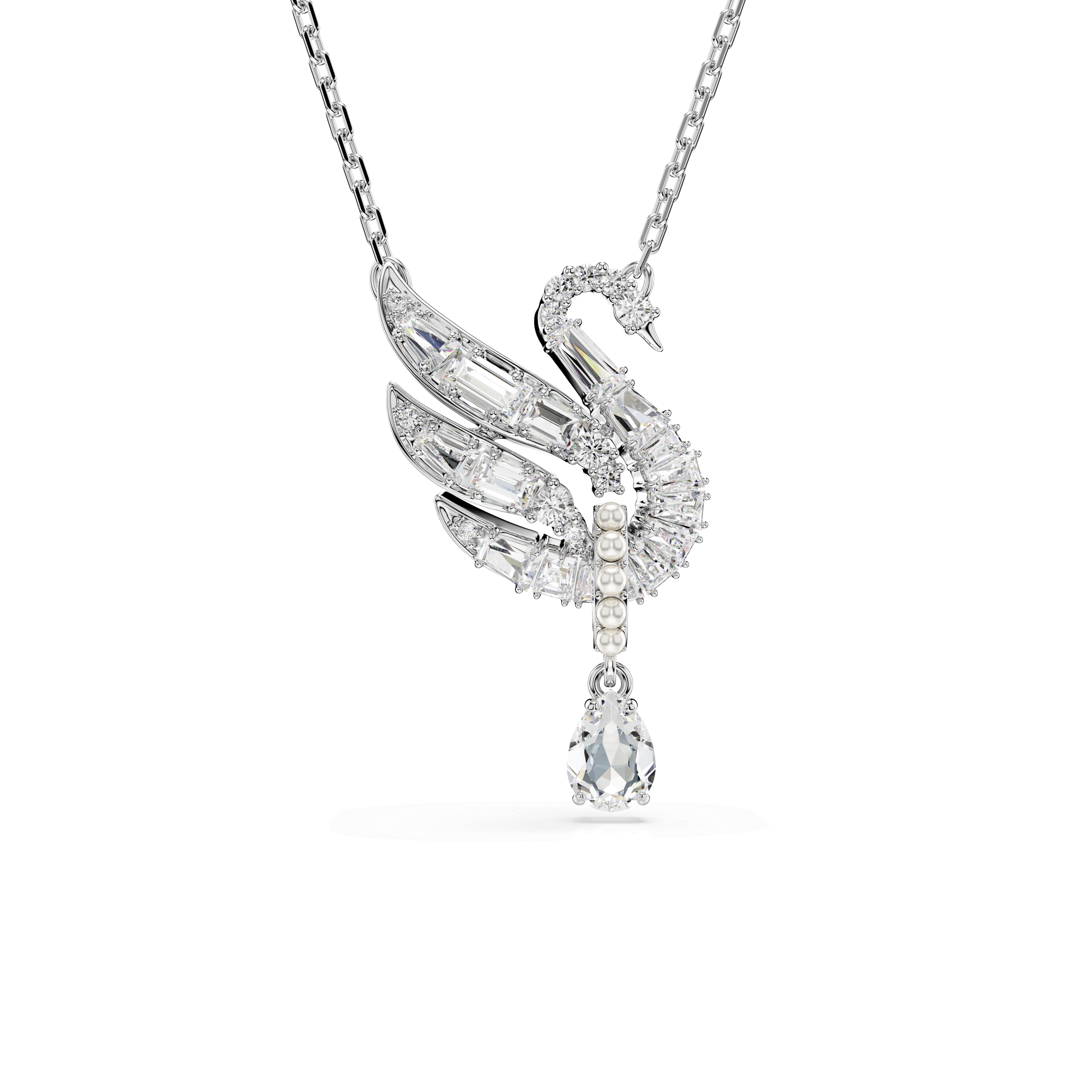 Swan pendant, Swan, White, Rhodium plated
