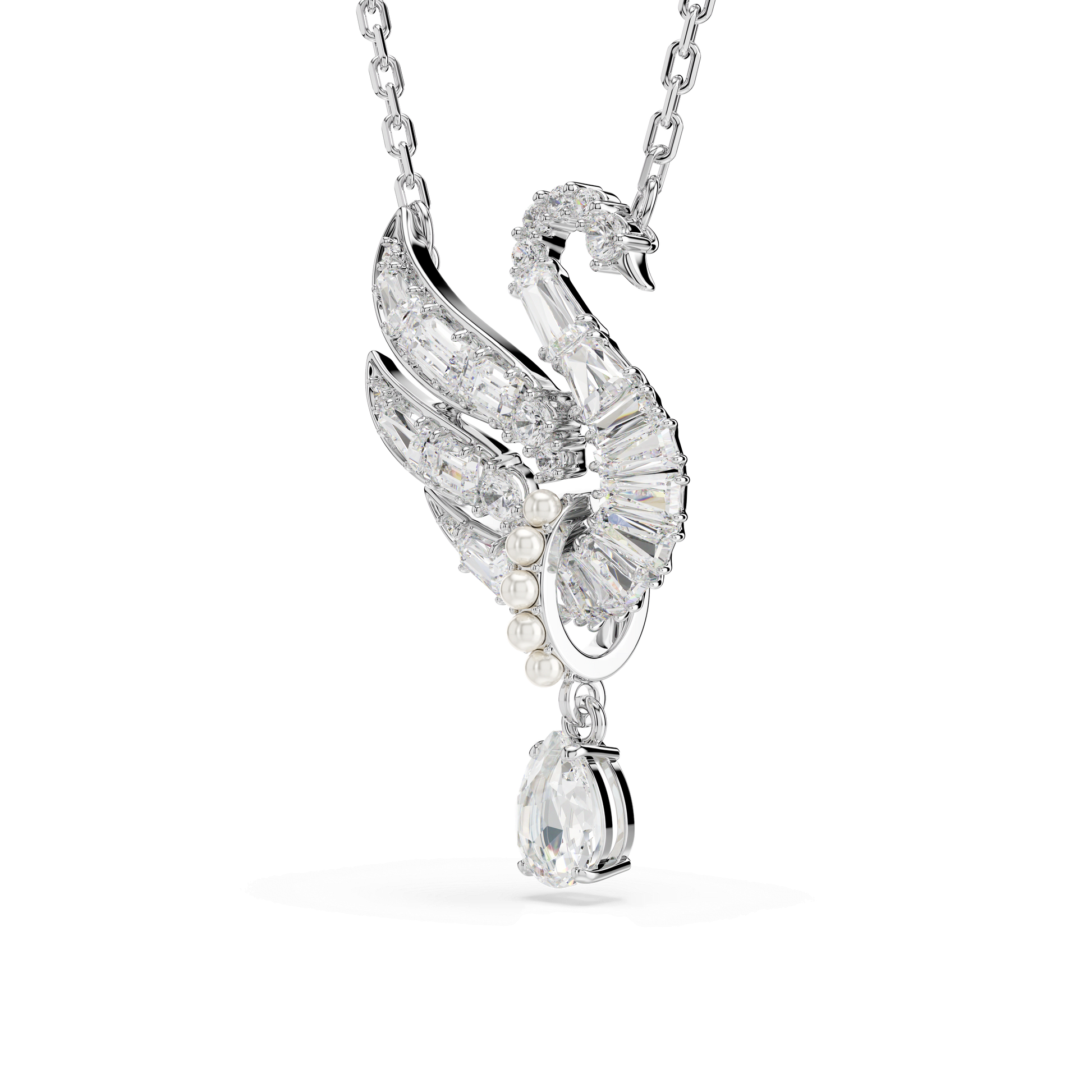 Swan pendant, Swan, White, Rhodium plated