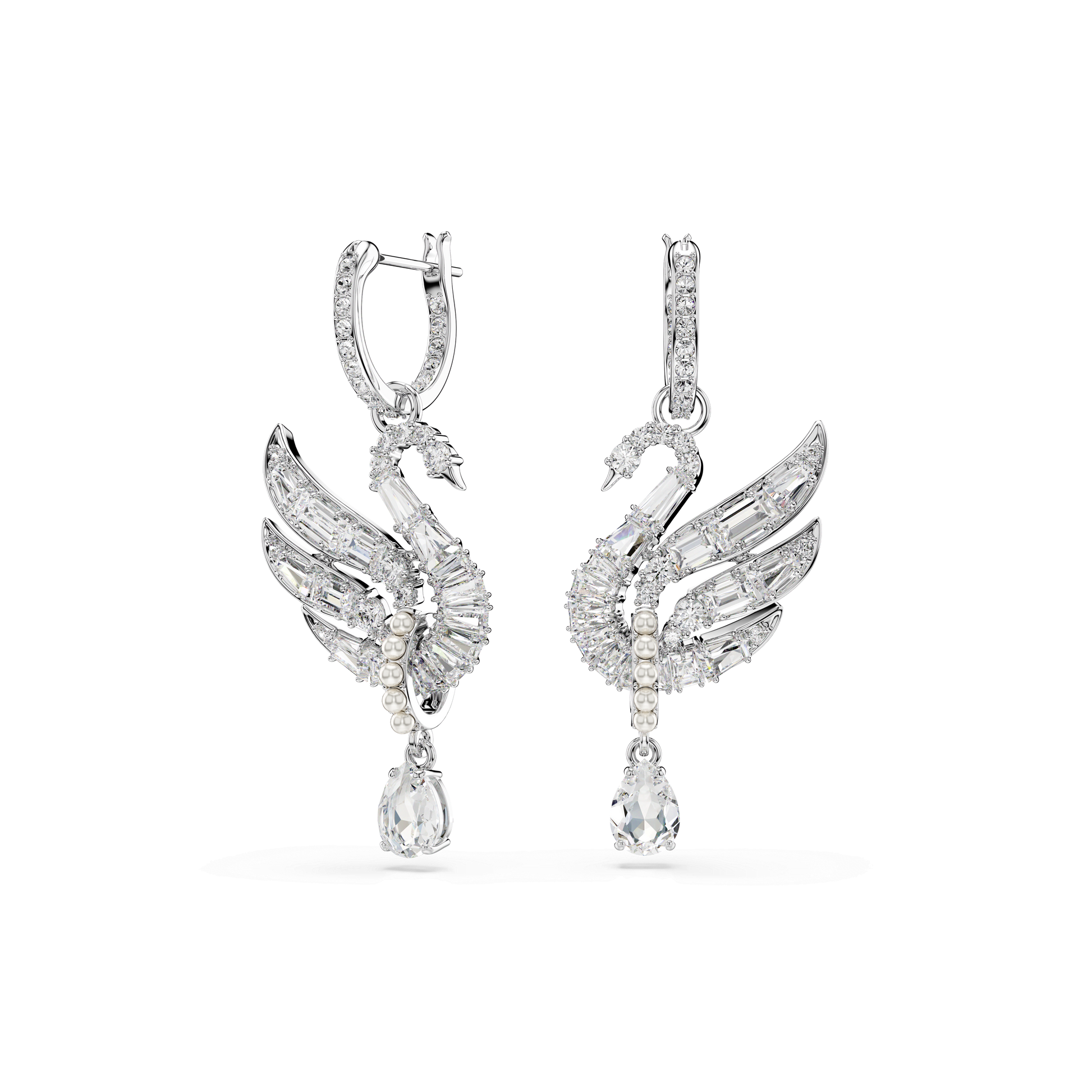 Swan earrings, Swan, White, Rhodium plated