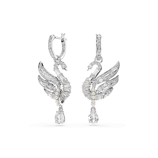 Swan earrings, Swan, White, Rhodium plated