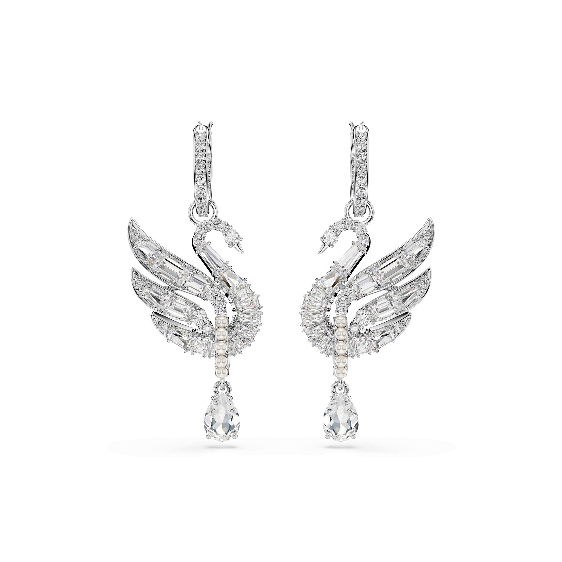Swan earrings, Swan, White, Rhodium plated