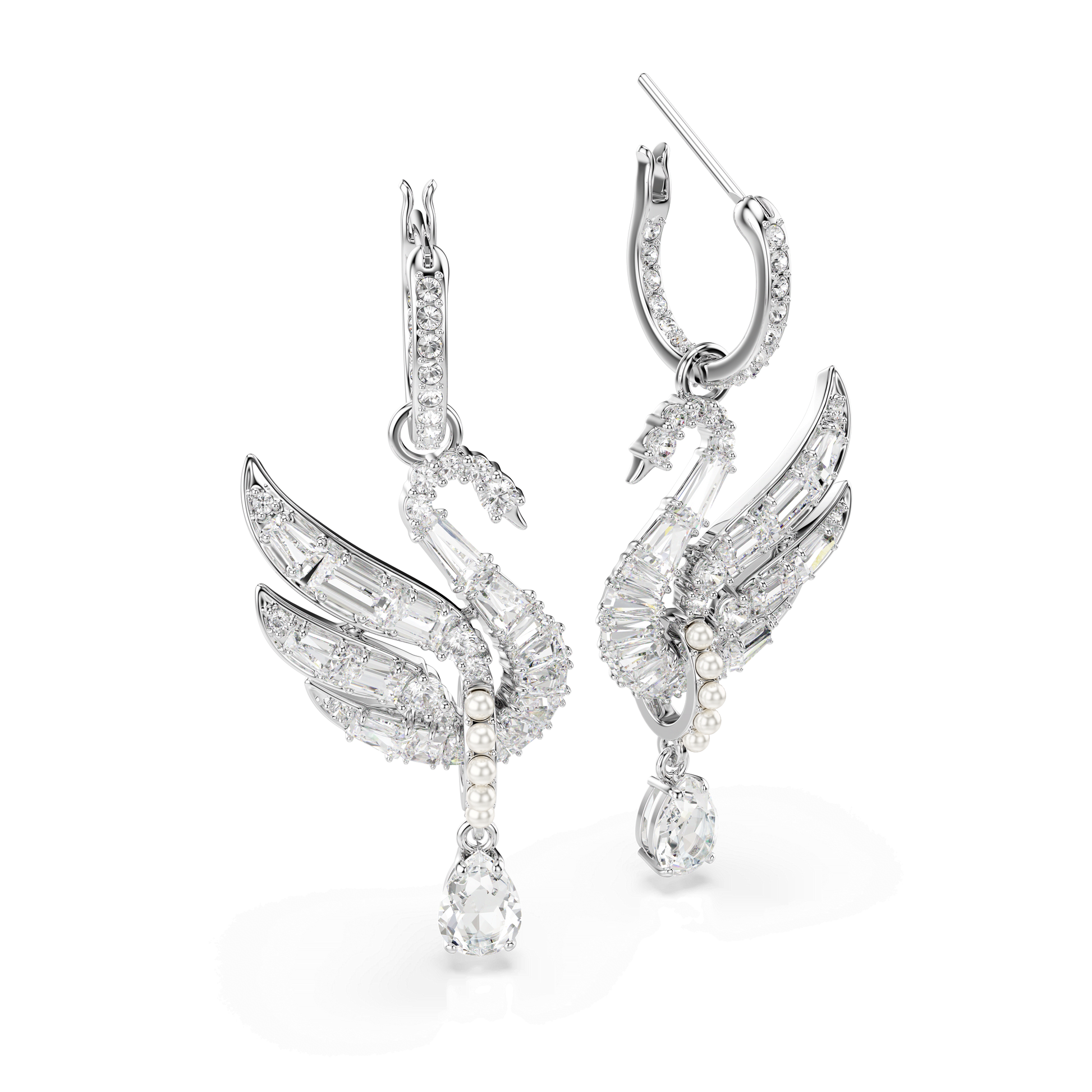 Swan earrings, Swan, White, Rhodium plated