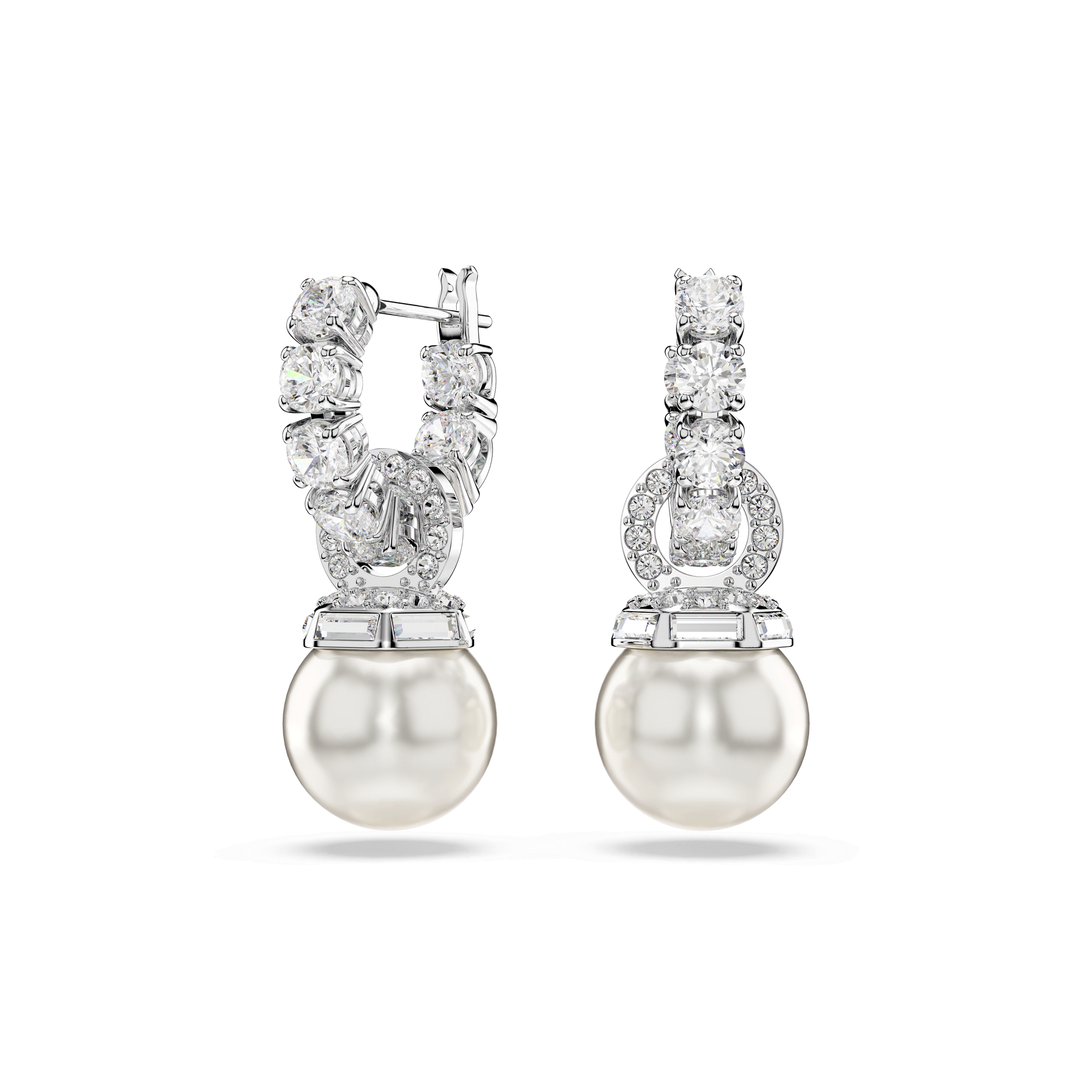 Matrix drop earrings, Crystal pearl, Round cut, White, Rhodium plated