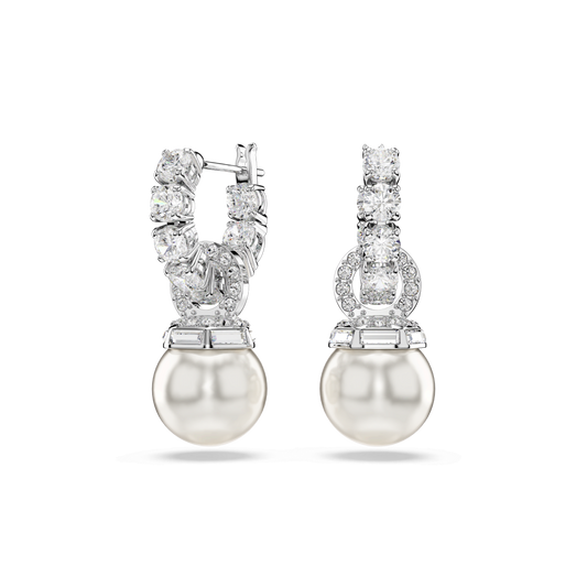 Matrix drop earrings, Crystal pearl, Round cut, White, Rhodium plated