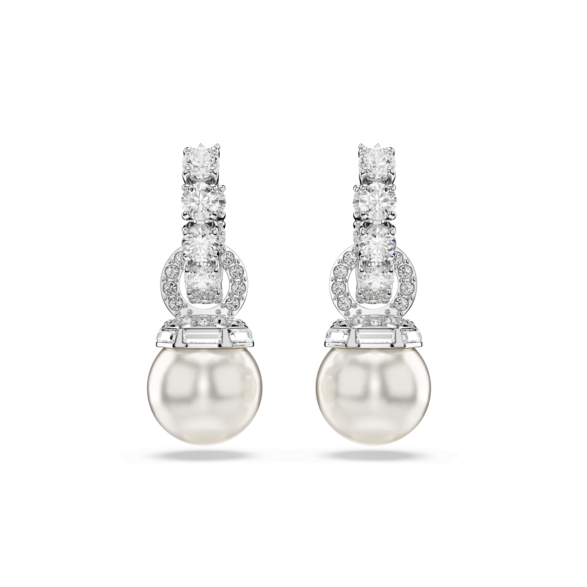 Matrix drop earrings, Crystal pearl, Round cut, White, Rhodium plated
