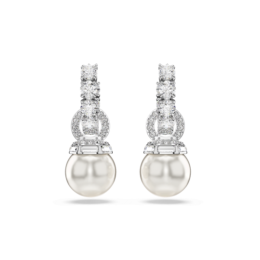 Matrix drop earrings, Crystal pearl, Round cut, White, Rhodium plated