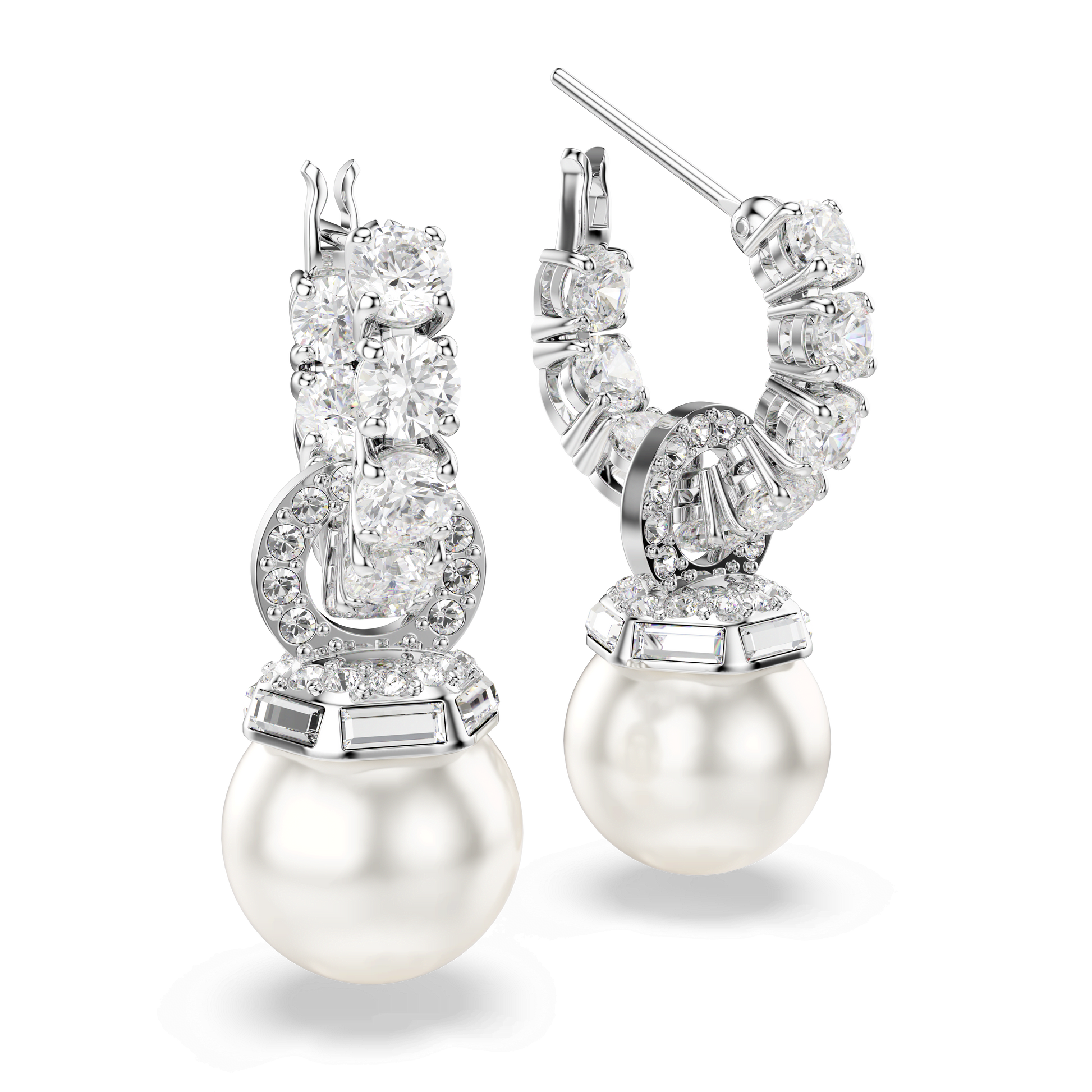 Matrix drop earrings, Crystal pearl, Round cut, White, Rhodium plated