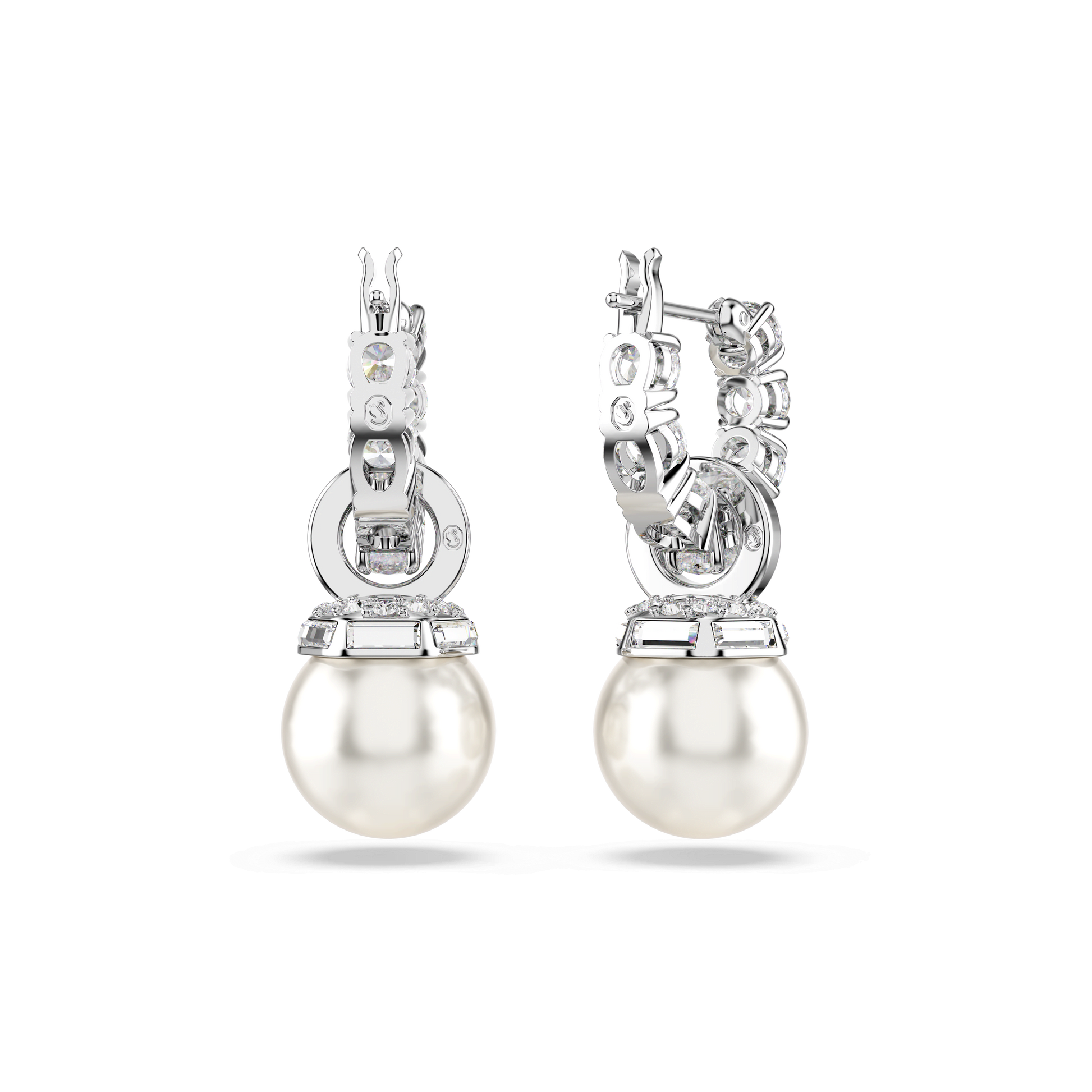 Matrix drop earrings, Crystal pearl, Round cut, White, Rhodium plated