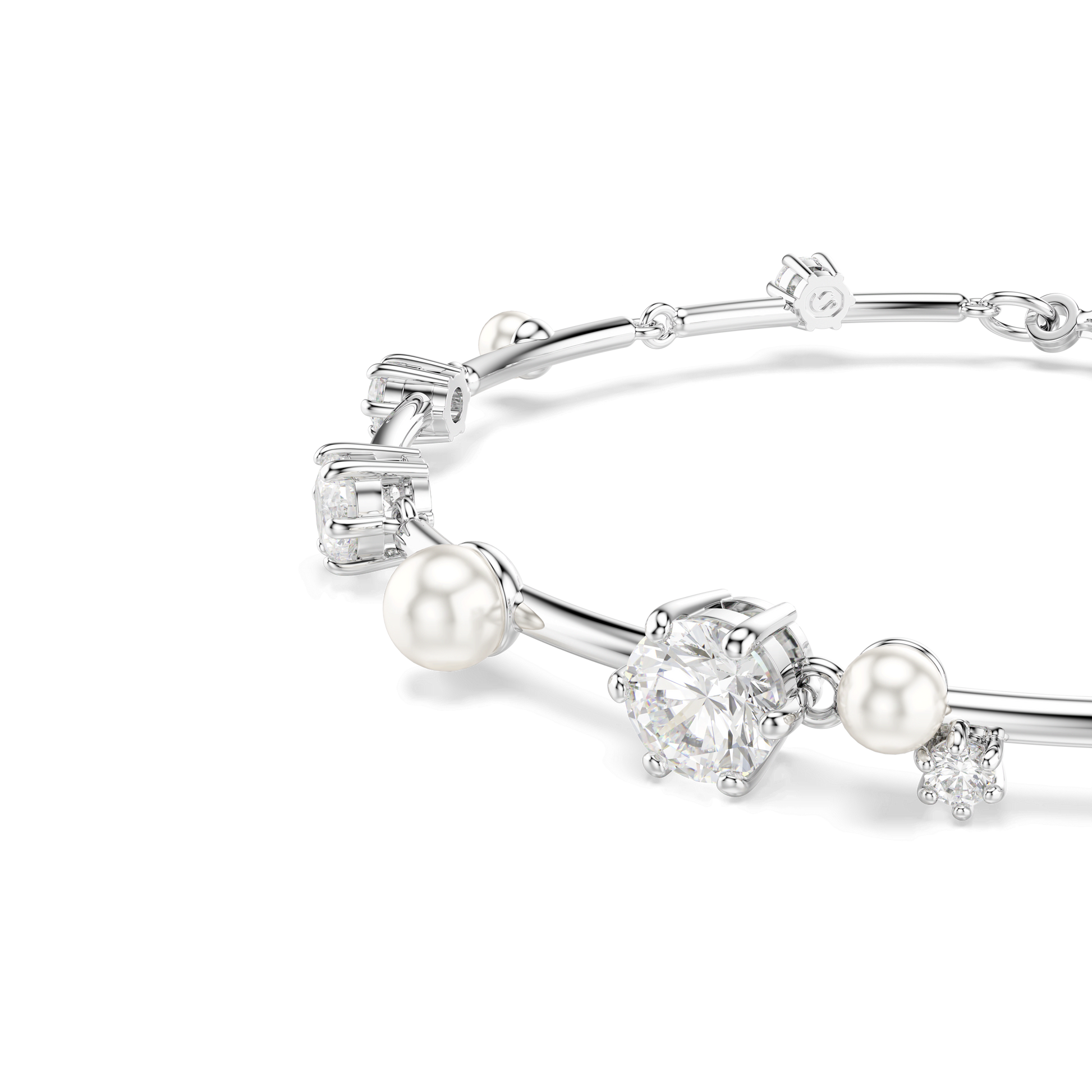Constella bracelet, Crystal pearl, Round cuts, White, Rhodium plated