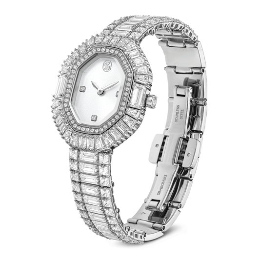 Matrix octagon watch, Baguette cut, Metal bracelet, Silver tone, Stainless steel