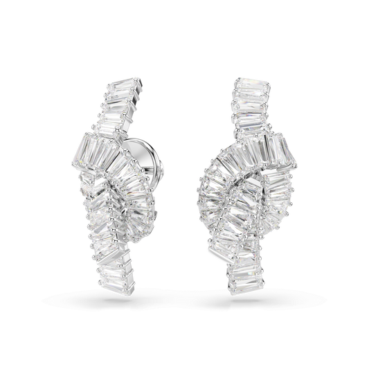 Matrix earrings, Baguette cut, Knot, White, Rhodium plated