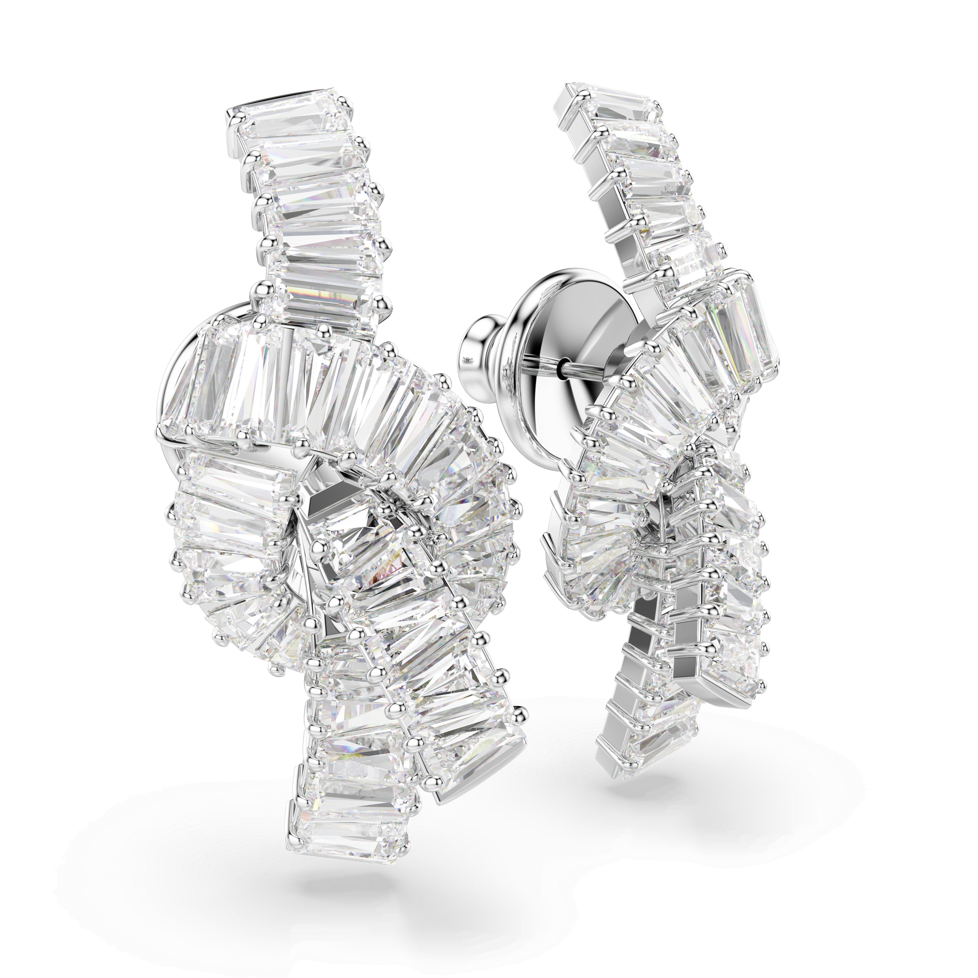 Matrix earrings, Baguette cut, Knot, White, Rhodium plated