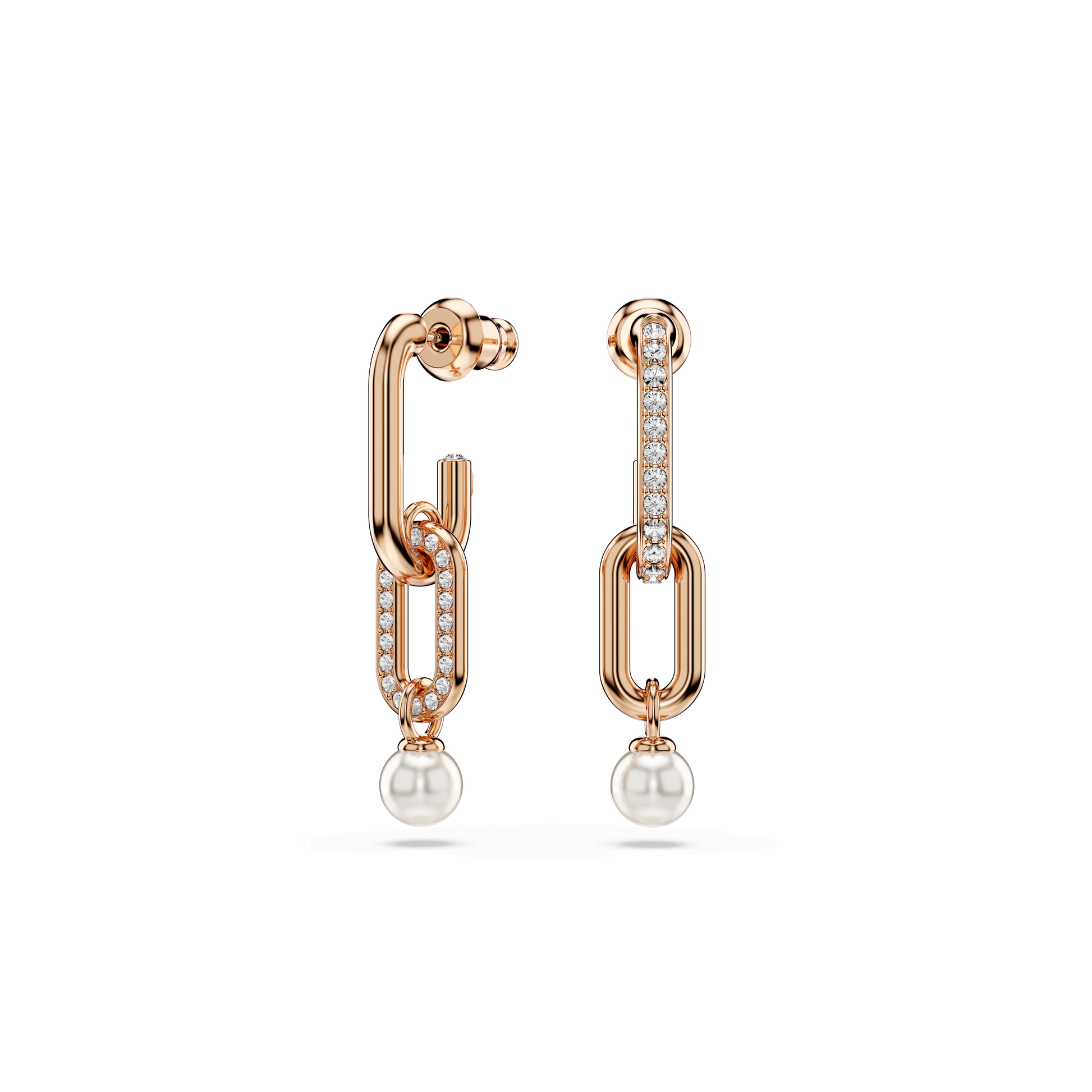 Constella drop earrings, Crystal pearl, Round cut, White, 18K rose gold finish