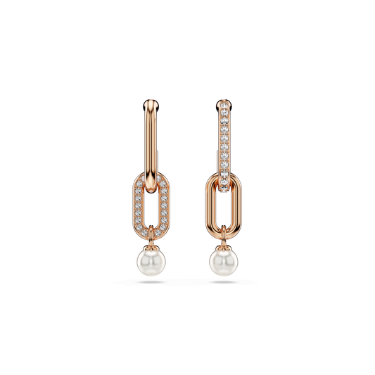 Constella drop earrings, Crystal pearl, Round cut, White, 18K rose gold finish