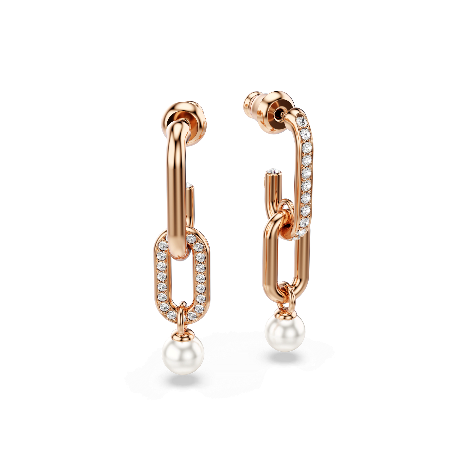 Constella drop earrings, Crystal pearl, Round cut, White, 18K rose gold finish