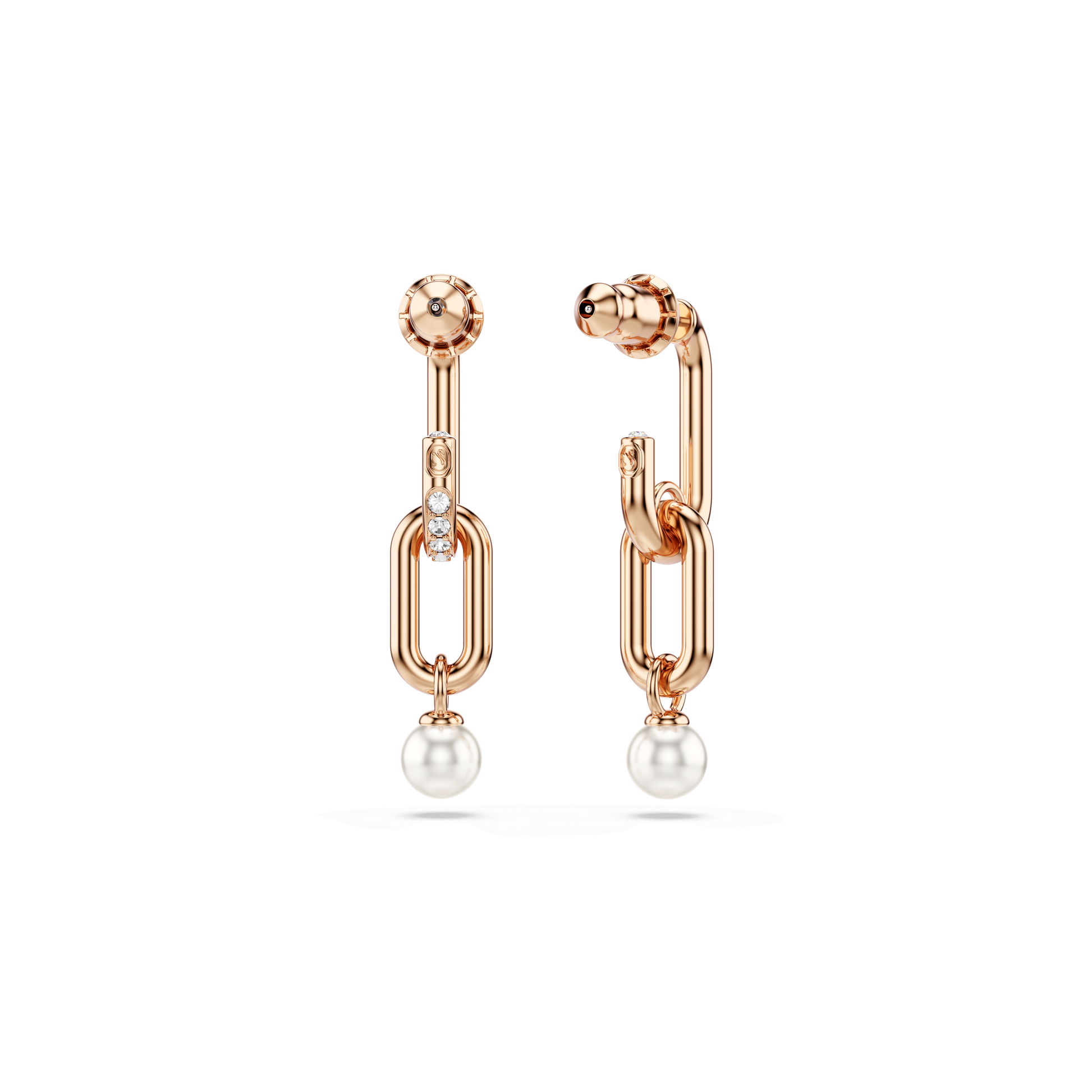 Constella drop earrings, Crystal pearl, Round cut, White, 18K rose gold finish