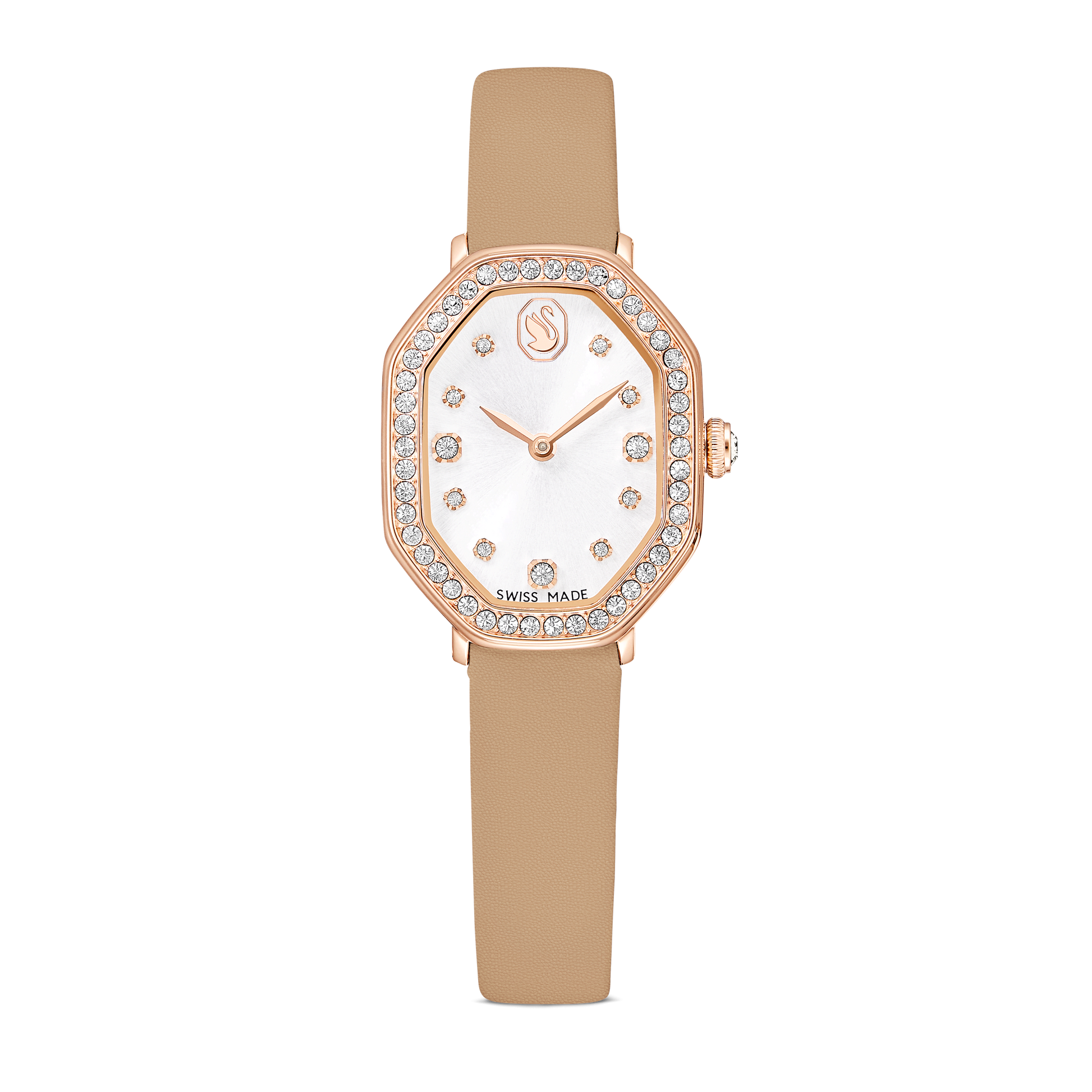 Dextera octagon watch, Swiss Made, Leather strap, Brown, Rose gold-tone finish