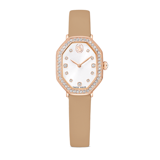 Dextera octagon watch, Swiss Made, Leather strap, Brown, Rose gold-tone finish