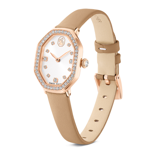 Dextera octagon watch, Swiss Made, Leather strap, Brown, Rose gold-tone finish