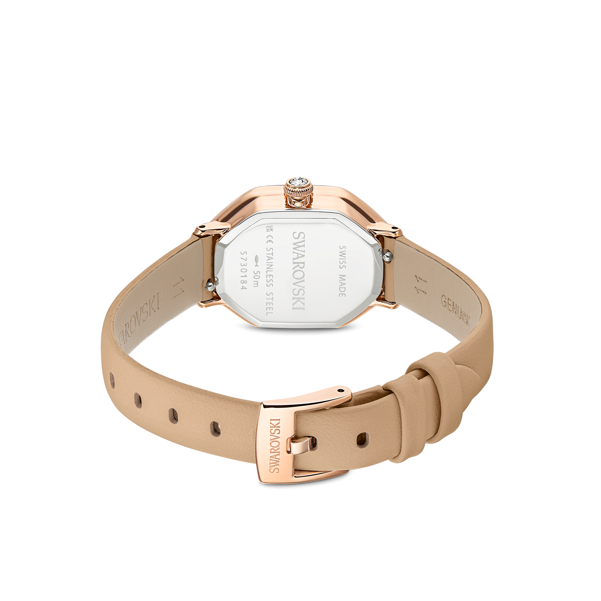 Dextera octagon watch, Swiss Made, Leather strap, Brown, Rose gold-tone finish