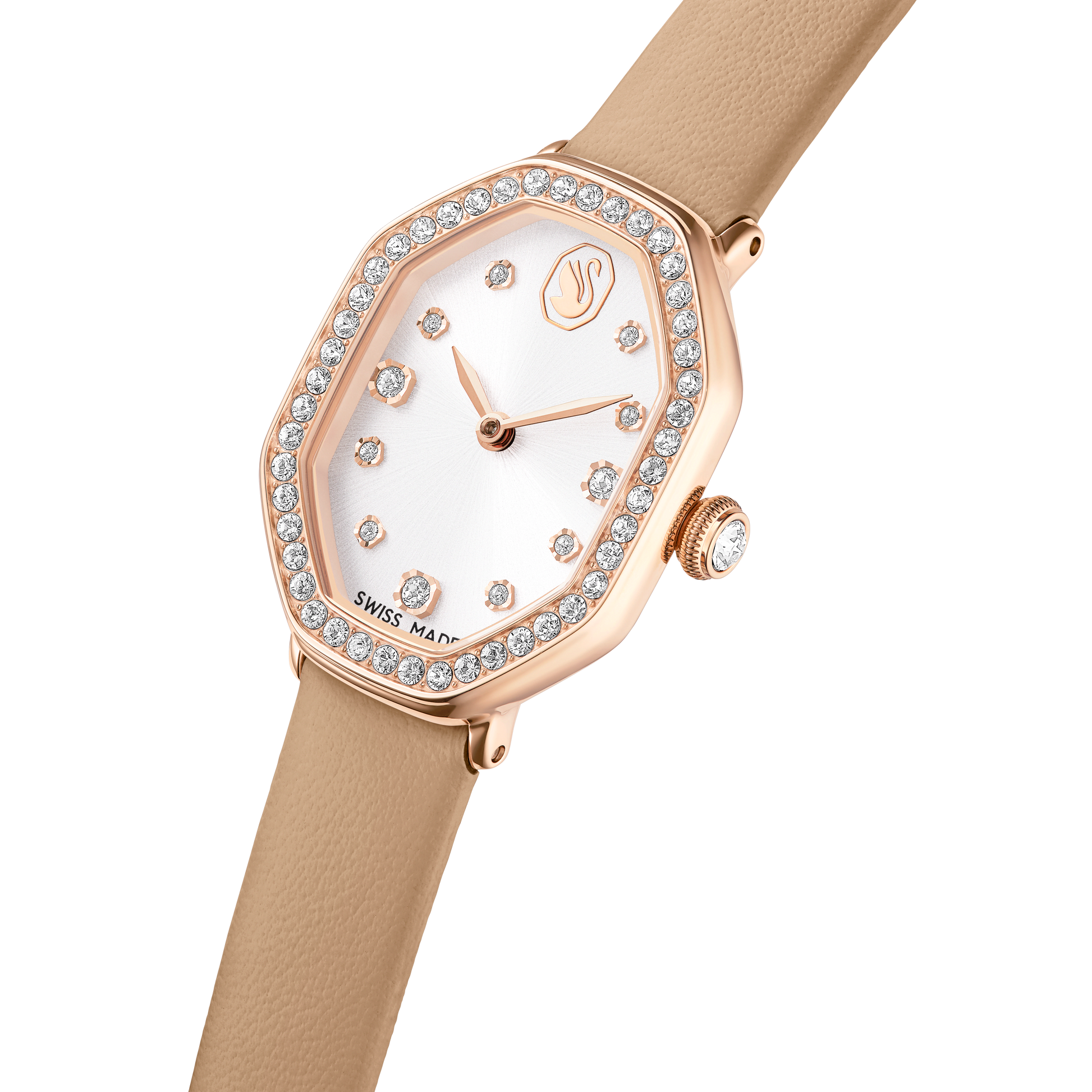 Dextera octagon watch, Swiss Made, Leather strap, Brown, Rose gold-tone finish