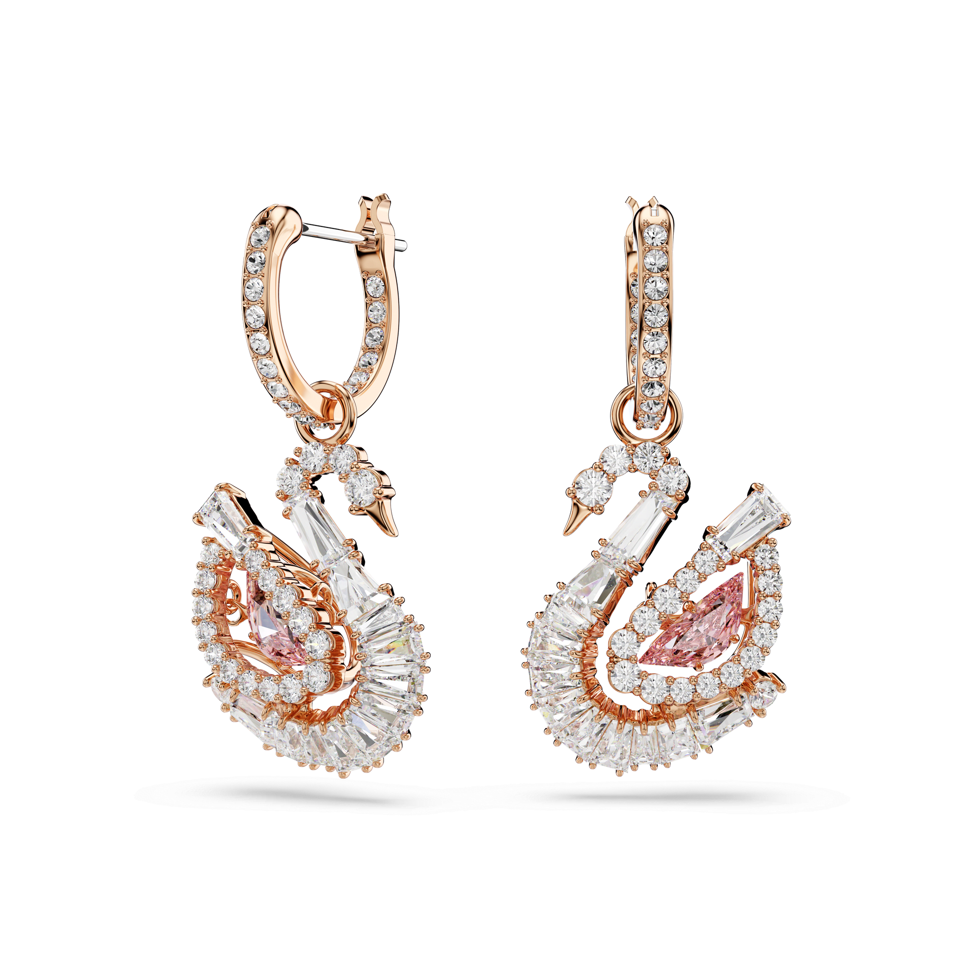 Swan drop earrings, Pavé, Swan, Pink, 18K rose gold finish