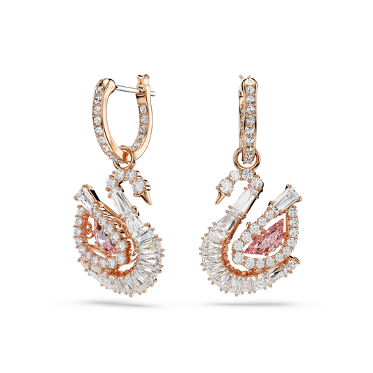 Swan drop earrings, Pavé, Swan, Pink, 18K rose gold finish