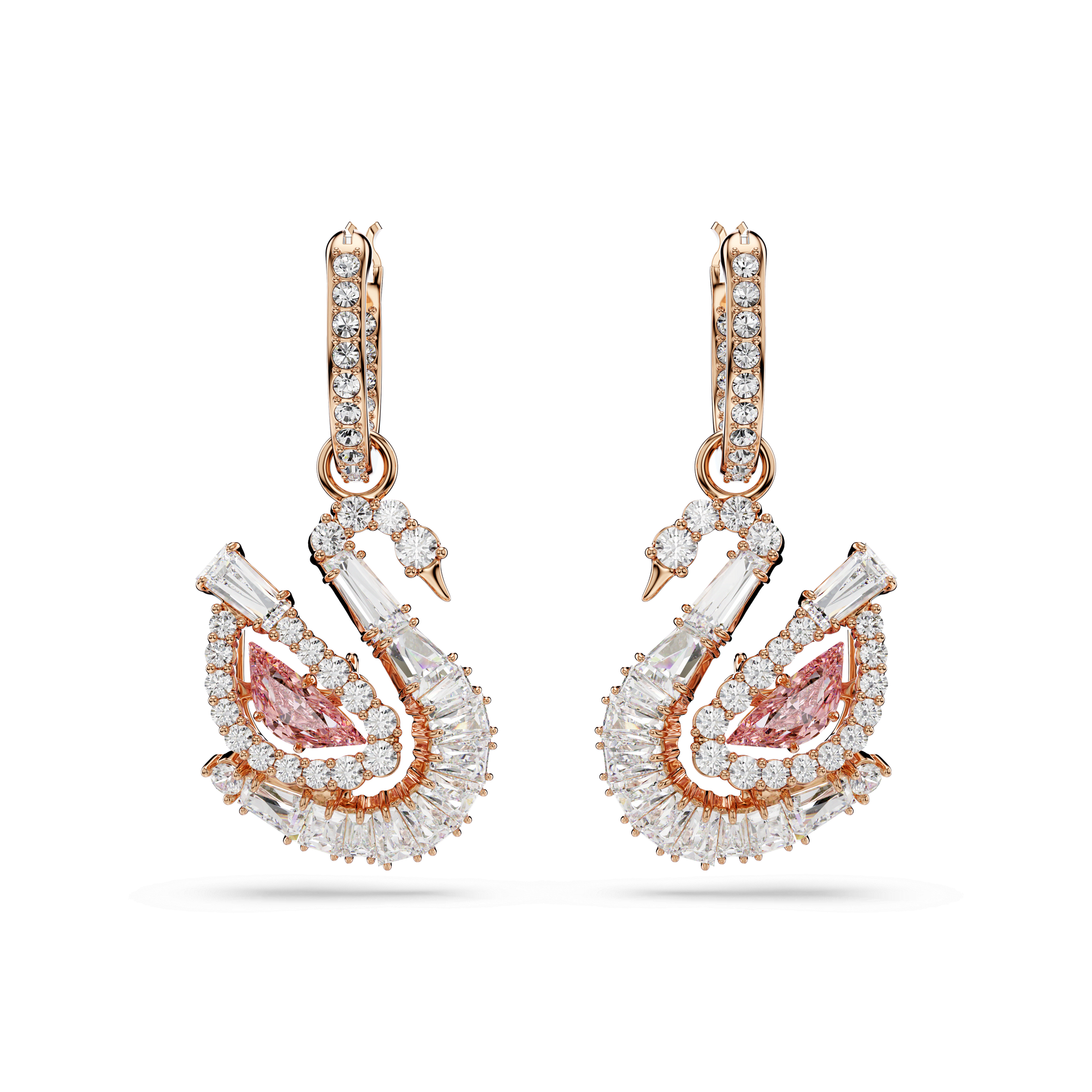 Swan drop earrings, Pavé, Swan, Pink, 18K rose gold finish