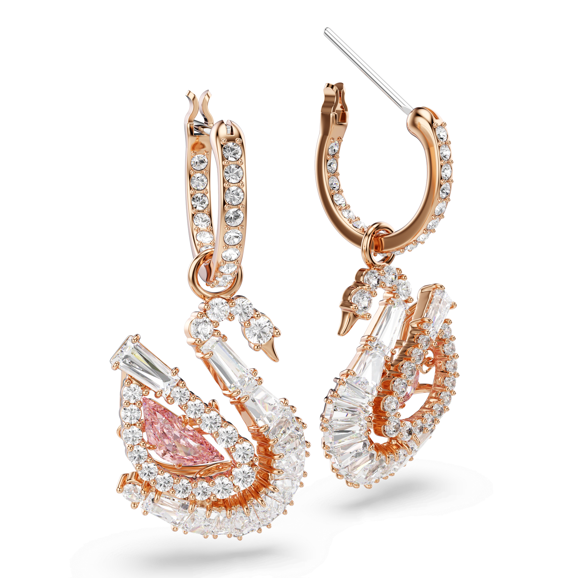 Swan drop earrings, Pavé, Swan, Pink, 18K rose gold finish
