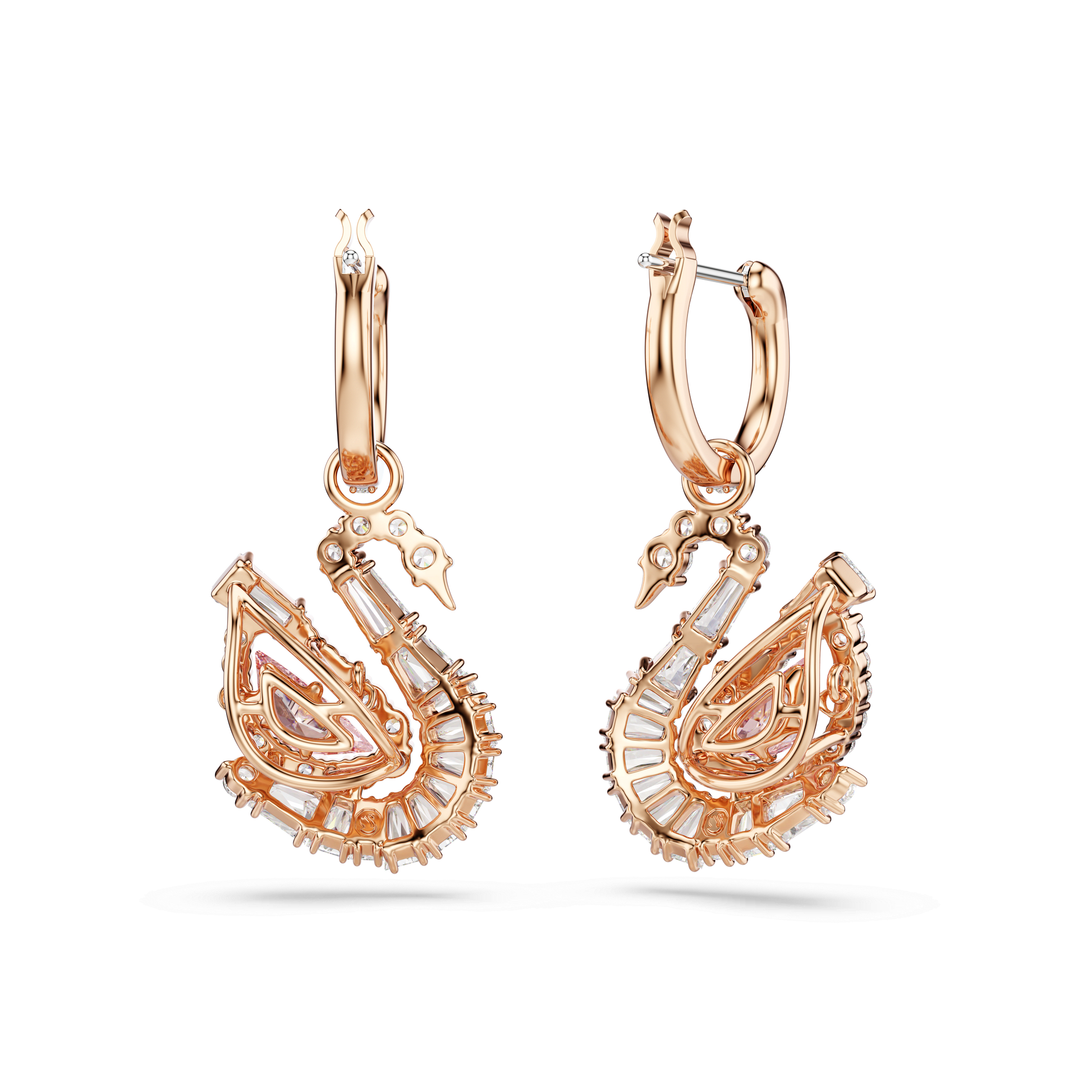 Swan drop earrings, Pavé, Swan, Pink, 18K rose gold finish