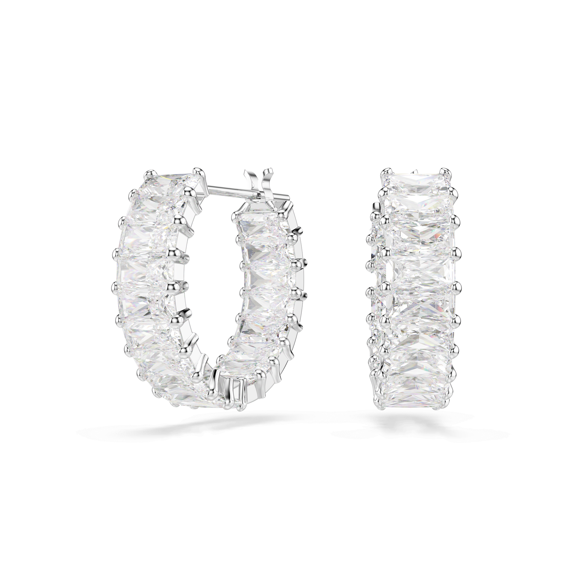 Matrix hoop earrings, Baguette cut, White, Rhodium plated