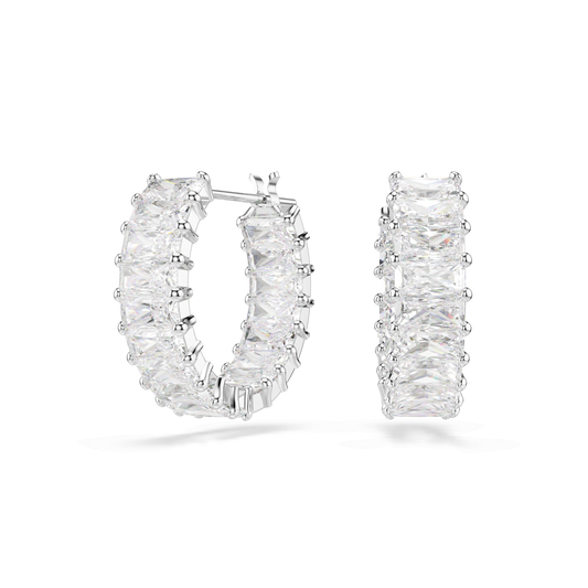 Matrix hoop earrings, Baguette cut, White, Rhodium plated