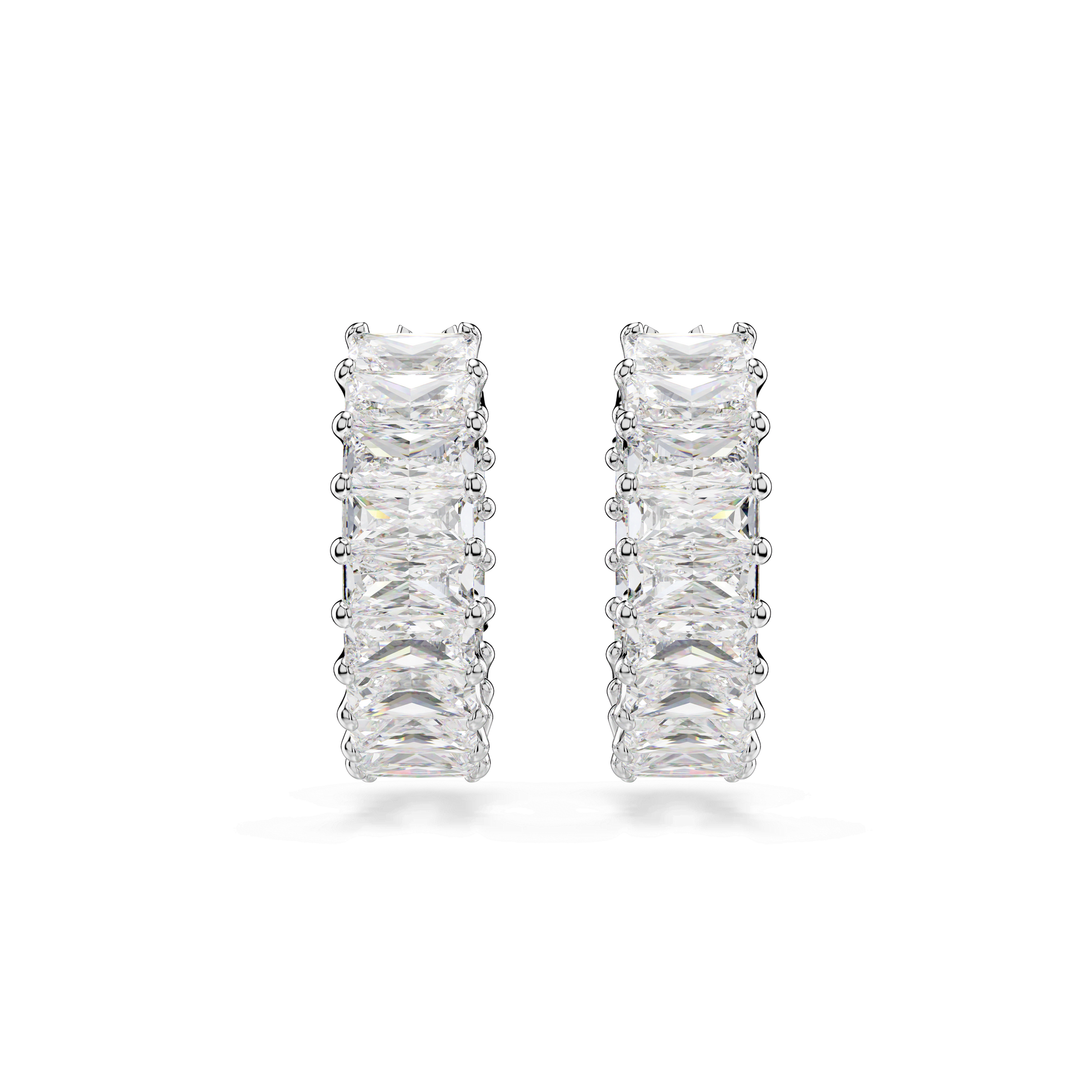 Matrix hoop earrings, Baguette cut, White, Rhodium plated