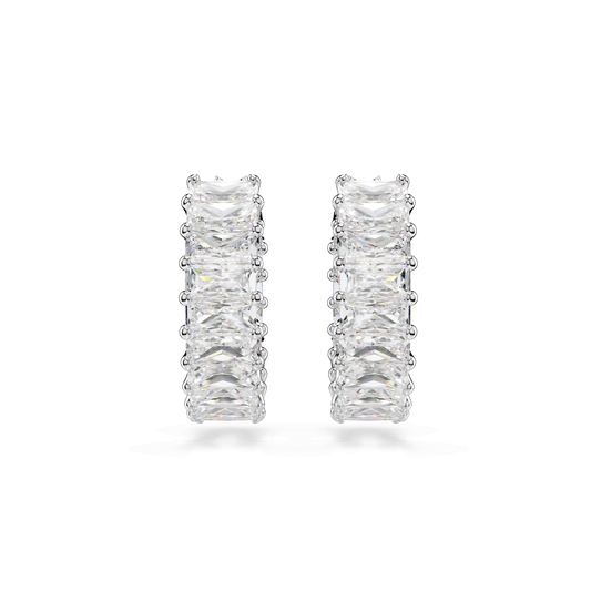 Matrix hoop earrings, Baguette cut, White, Rhodium plated