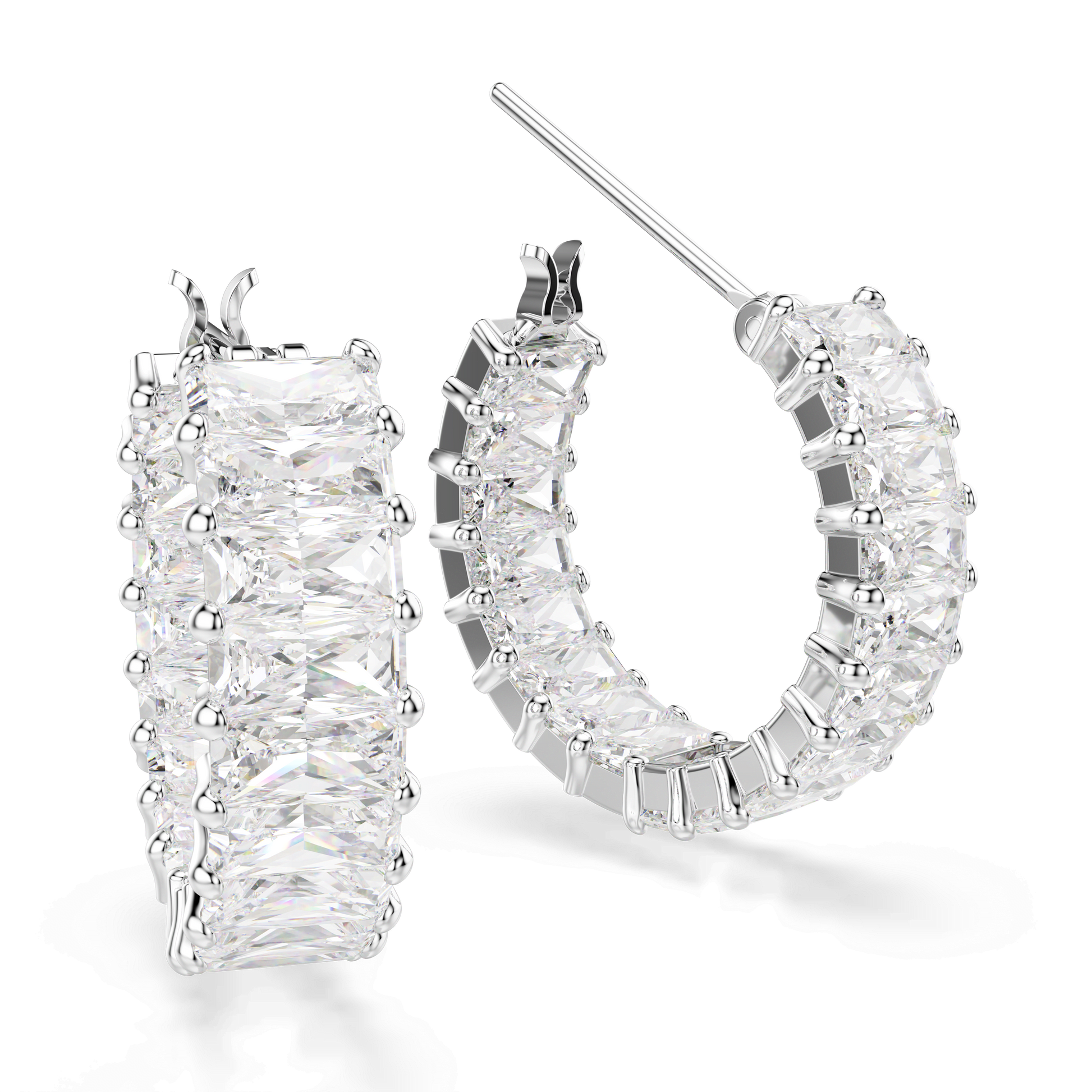 Matrix hoop earrings, Baguette cut, White, Rhodium plated