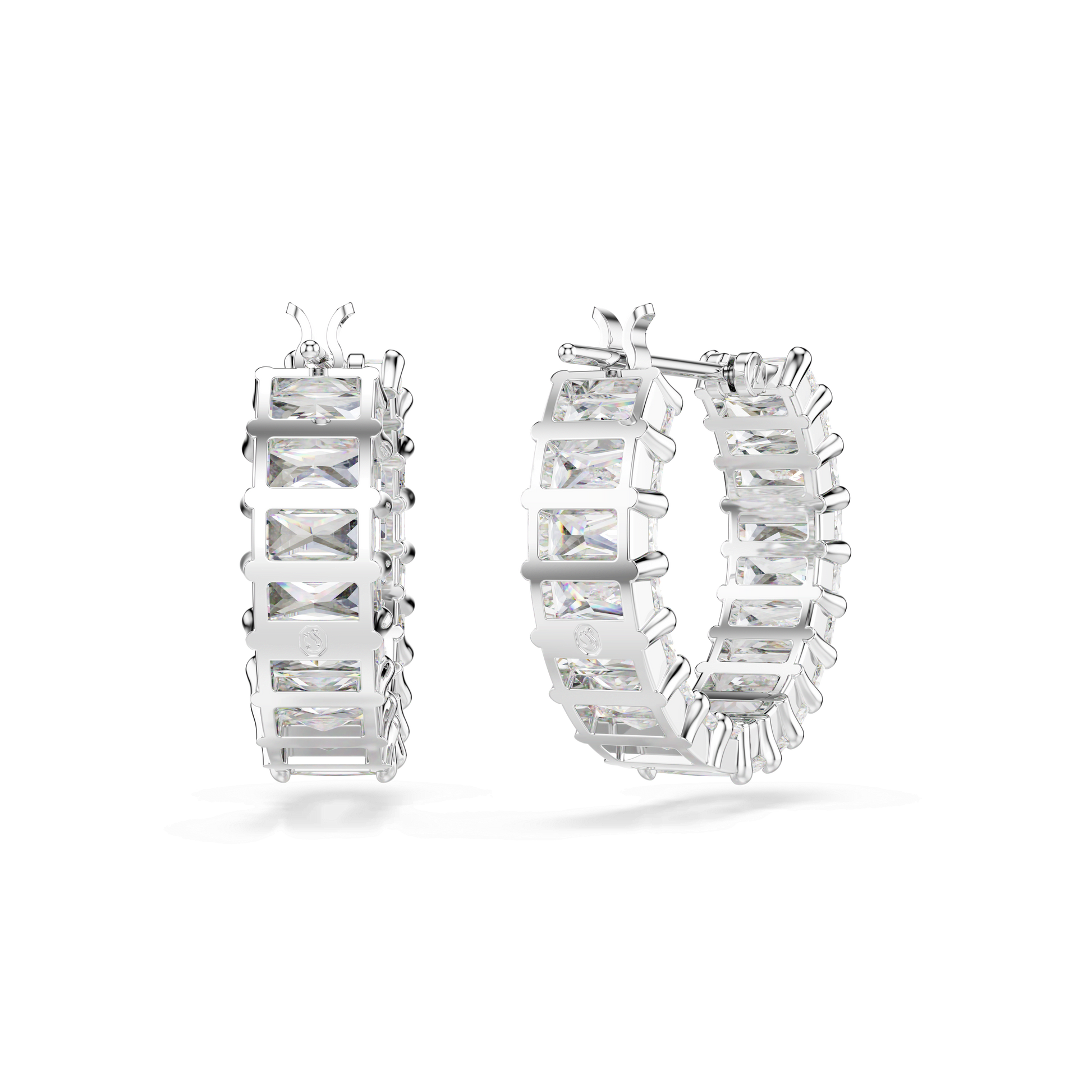 Matrix hoop earrings, Baguette cut, White, Rhodium plated